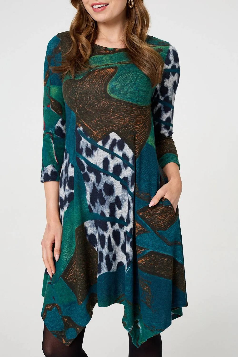 Abstract Hanky Hem 3/4 Sleeve Midi Dress