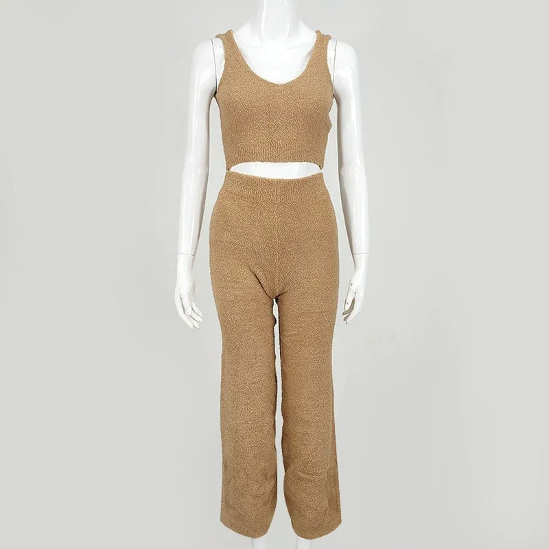 Artsu Winter Fur Two Piece Outfits Sexy Backless Crop Tops Women Outfits Matching Set Top and High Waist Pants Party Clubwear