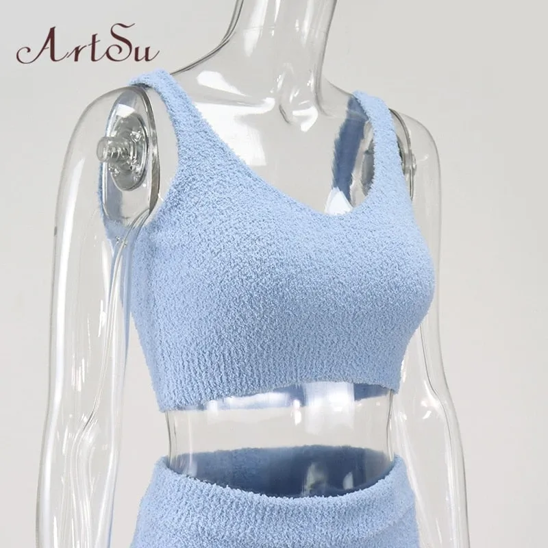 Artsu Winter Fur Two Piece Outfits Sexy Backless Crop Tops Women Outfits Matching Set Top and High Waist Pants Party Clubwear