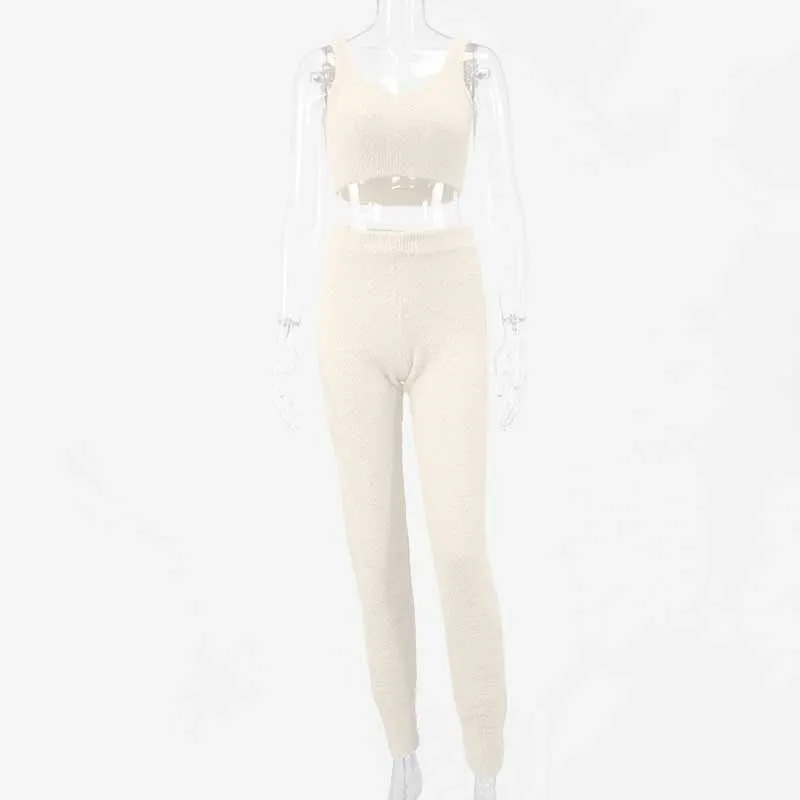Artsu Winter Fur Two Piece Outfits Sexy Backless Crop Tops Women Outfits Matching Set Top and High Waist Pants Party Clubwear