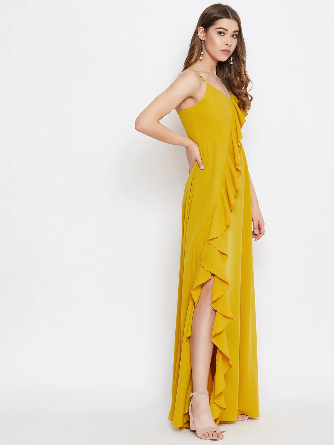 Berrylush Women Solid Yellow Front Frill V-Neck Thigh-High Slit Maxi Dress