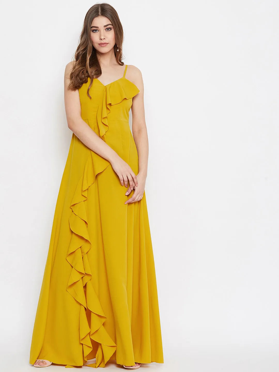 Berrylush Women Solid Yellow Front Frill V-Neck Thigh-High Slit Maxi Dress