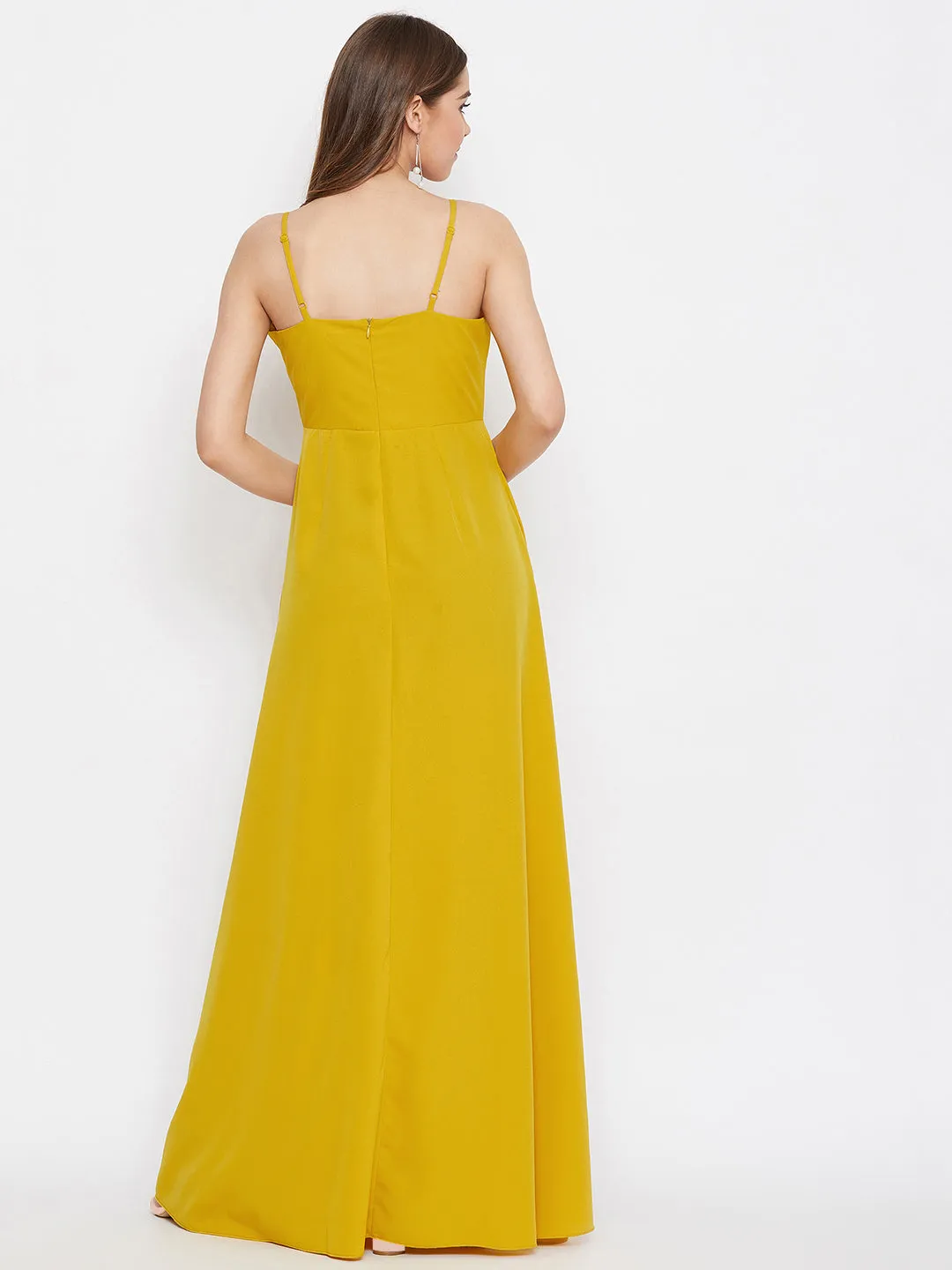 Berrylush Women Solid Yellow Front Frill V-Neck Thigh-High Slit Maxi Dress