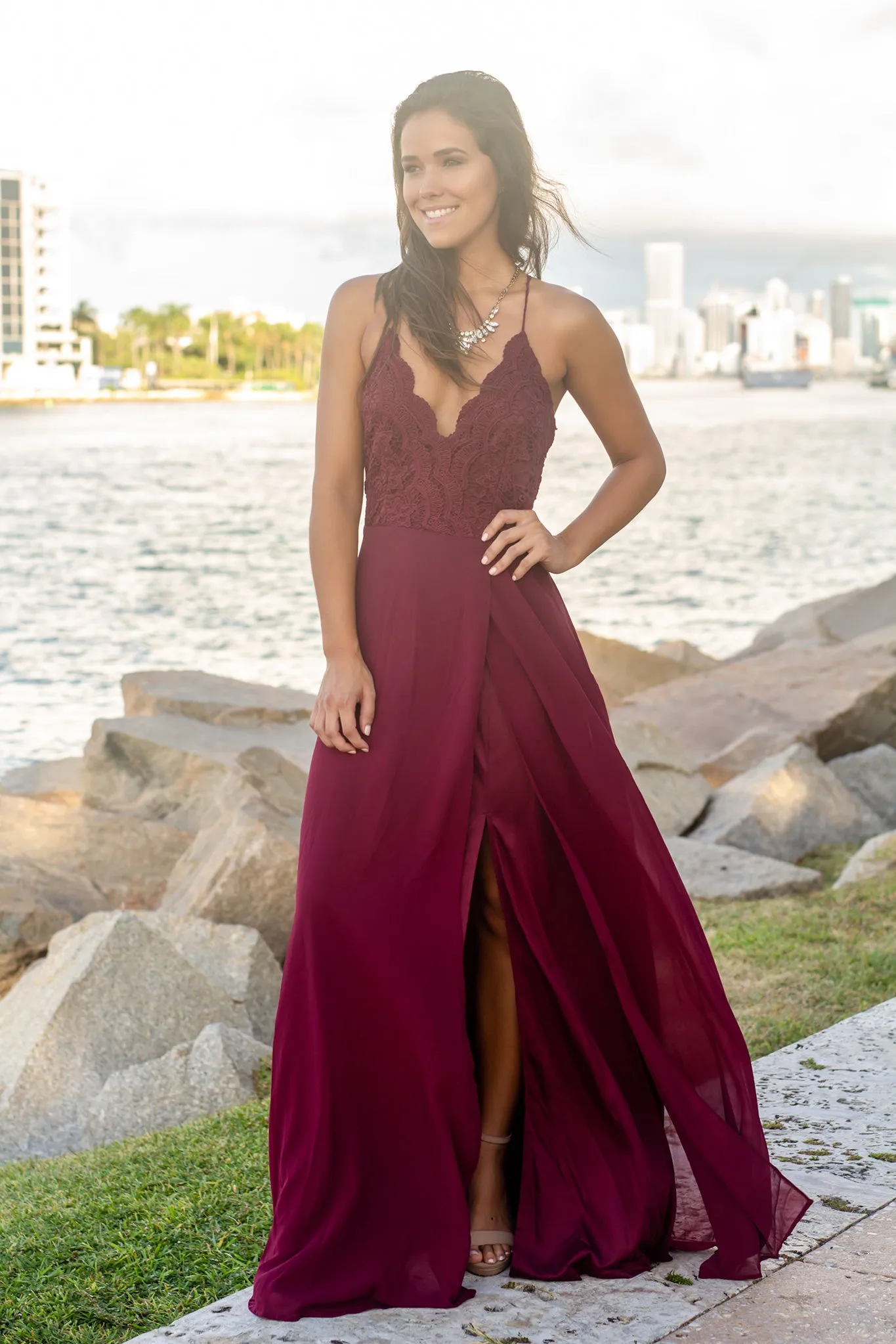 Burgundy Crochet Top Maxi Dress with Criss Cross Back