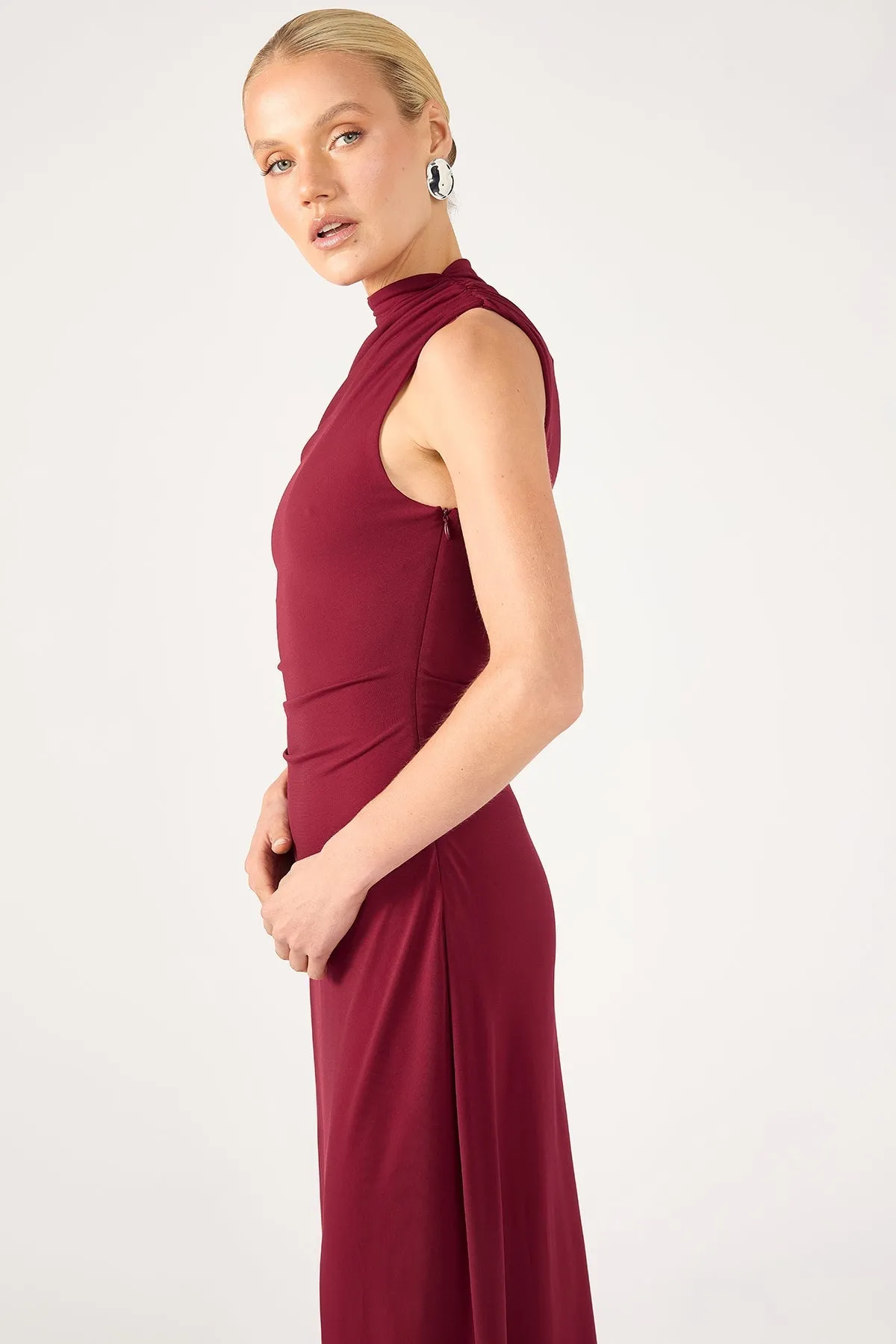 Burgundy Rosewood High Neck Maxi Dress