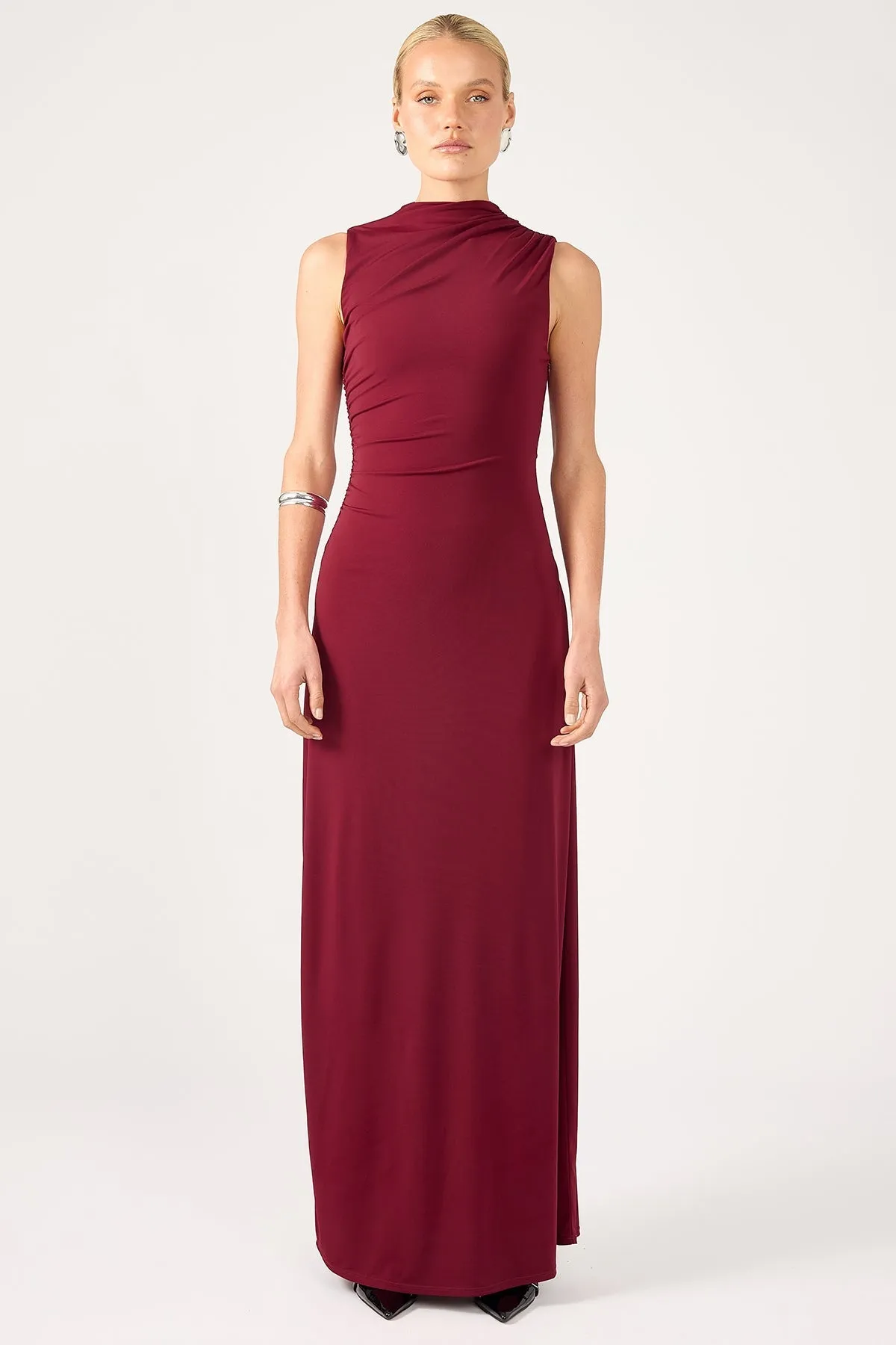 Burgundy Rosewood High Neck Maxi Dress