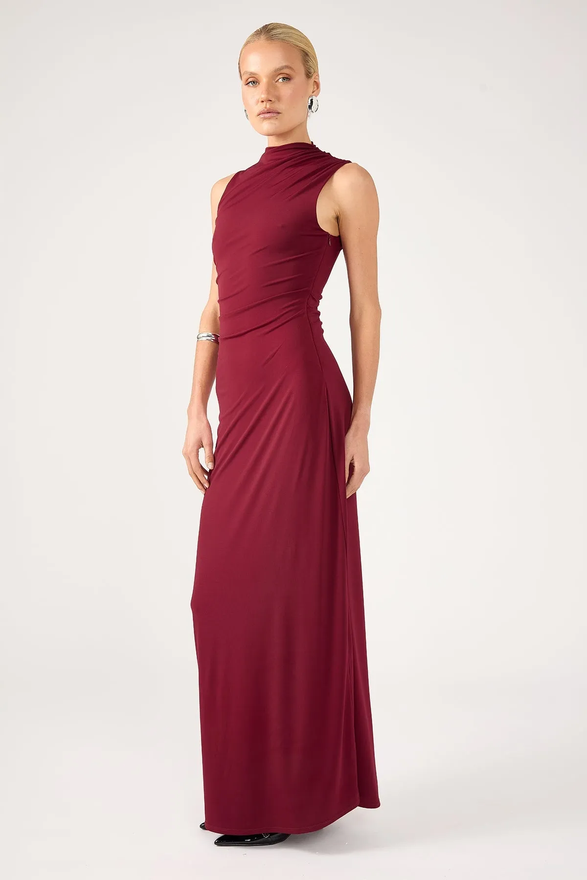 Burgundy Rosewood High Neck Maxi Dress