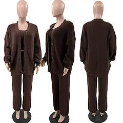 Casual knitted hanging bag cardigan long cape three piece set AY3309