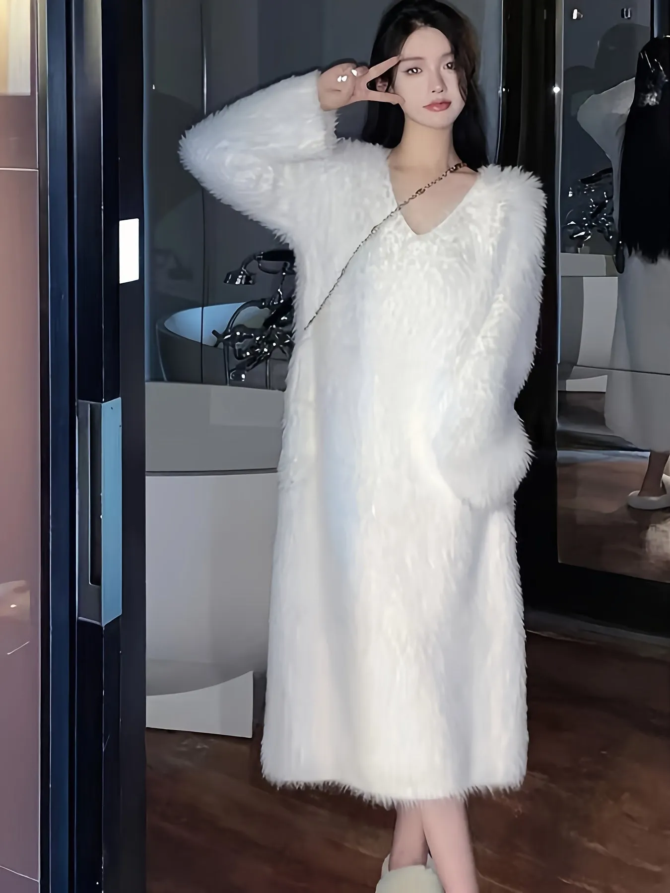 Elegant Faux Mink Fur Women's Lounge Dress - Cozy V-Neck Long Sleeve, Over-the-Knee Knit Robe for Fall/Winter, Korean Style, Loose Fit
