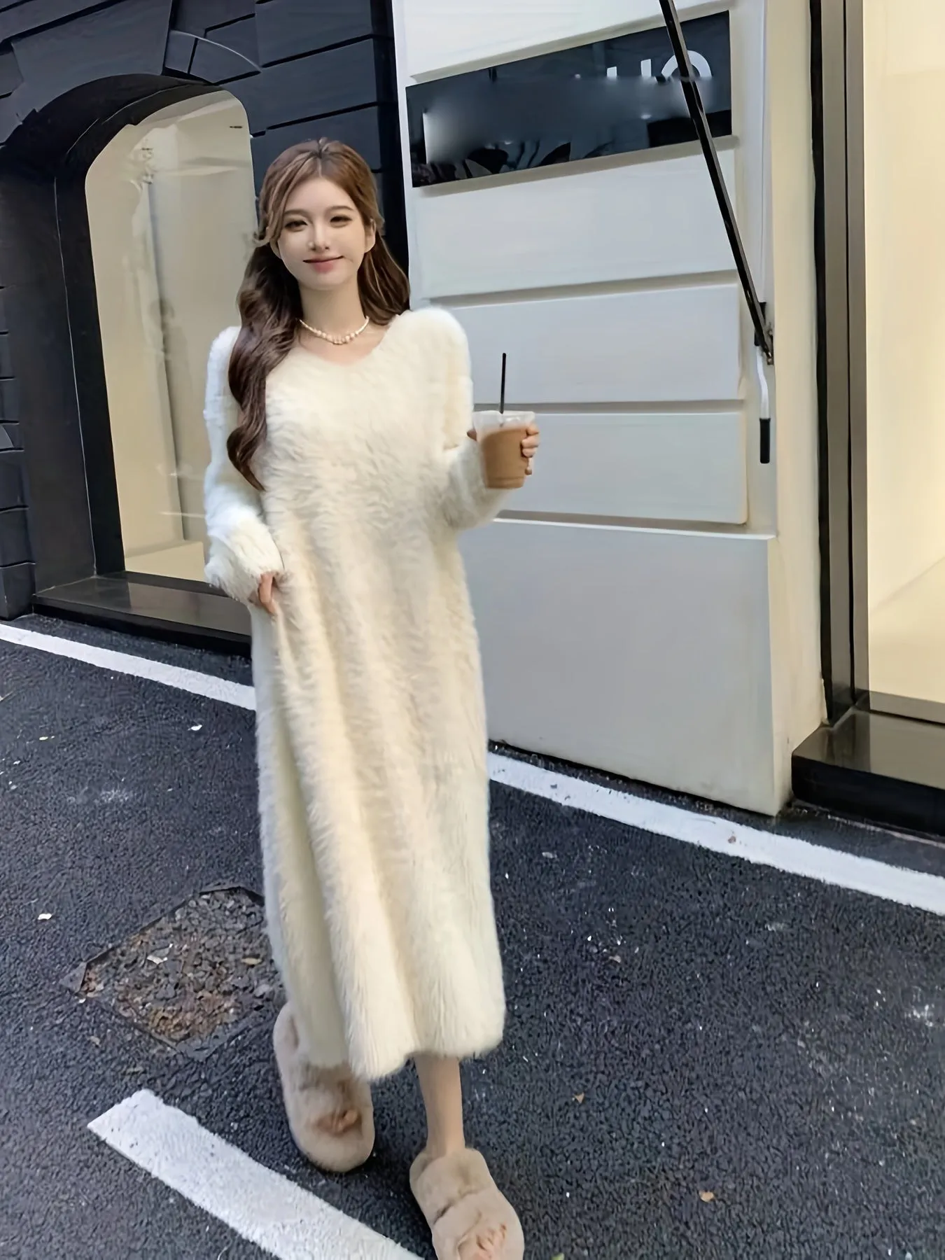 Elegant Faux Mink Fur Women's Lounge Dress - Cozy V-Neck Long Sleeve, Over-the-Knee Knit Robe for Fall/Winter, Korean Style, Loose Fit