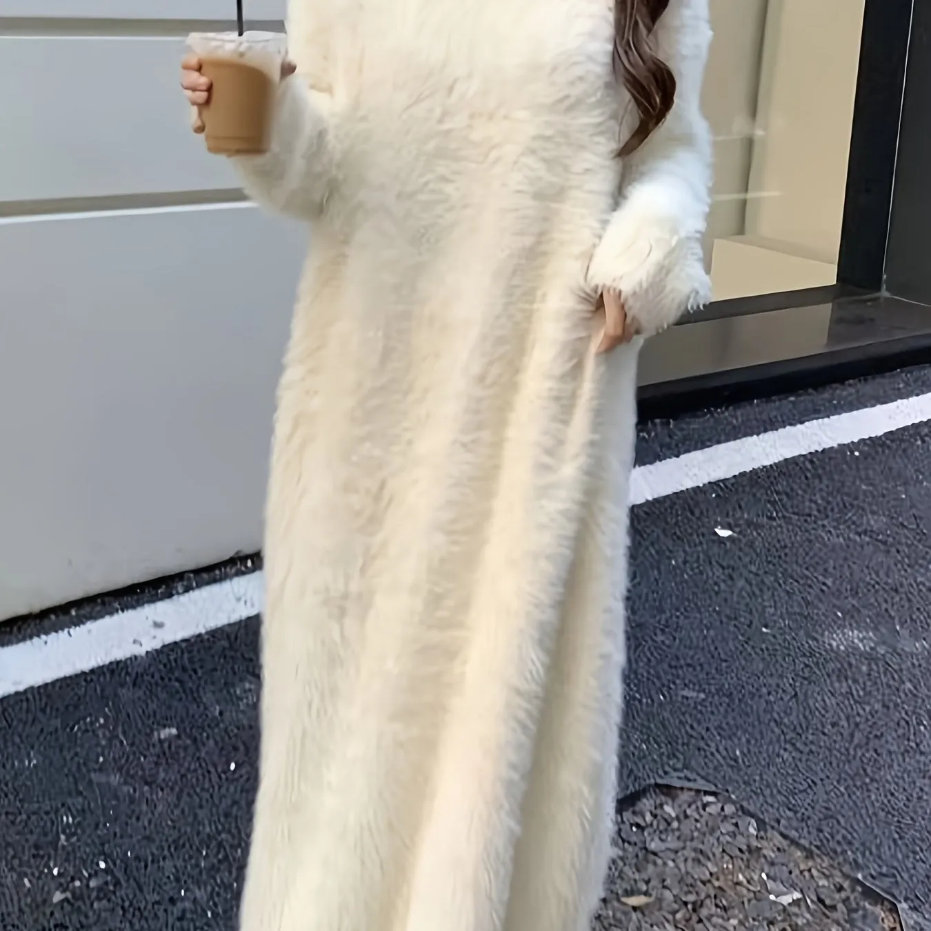 Elegant Faux Mink Fur Women's Lounge Dress - Cozy V-Neck Long Sleeve, Over-the-Knee Knit Robe for Fall/Winter, Korean Style, Loose Fit