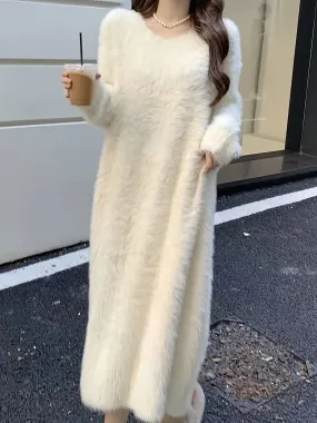 Elegant Faux Mink Fur Women's Lounge Dress - Cozy V-Neck Long Sleeve, Over-the-Knee Knit Robe for Fall/Winter, Korean Style, Loose Fit