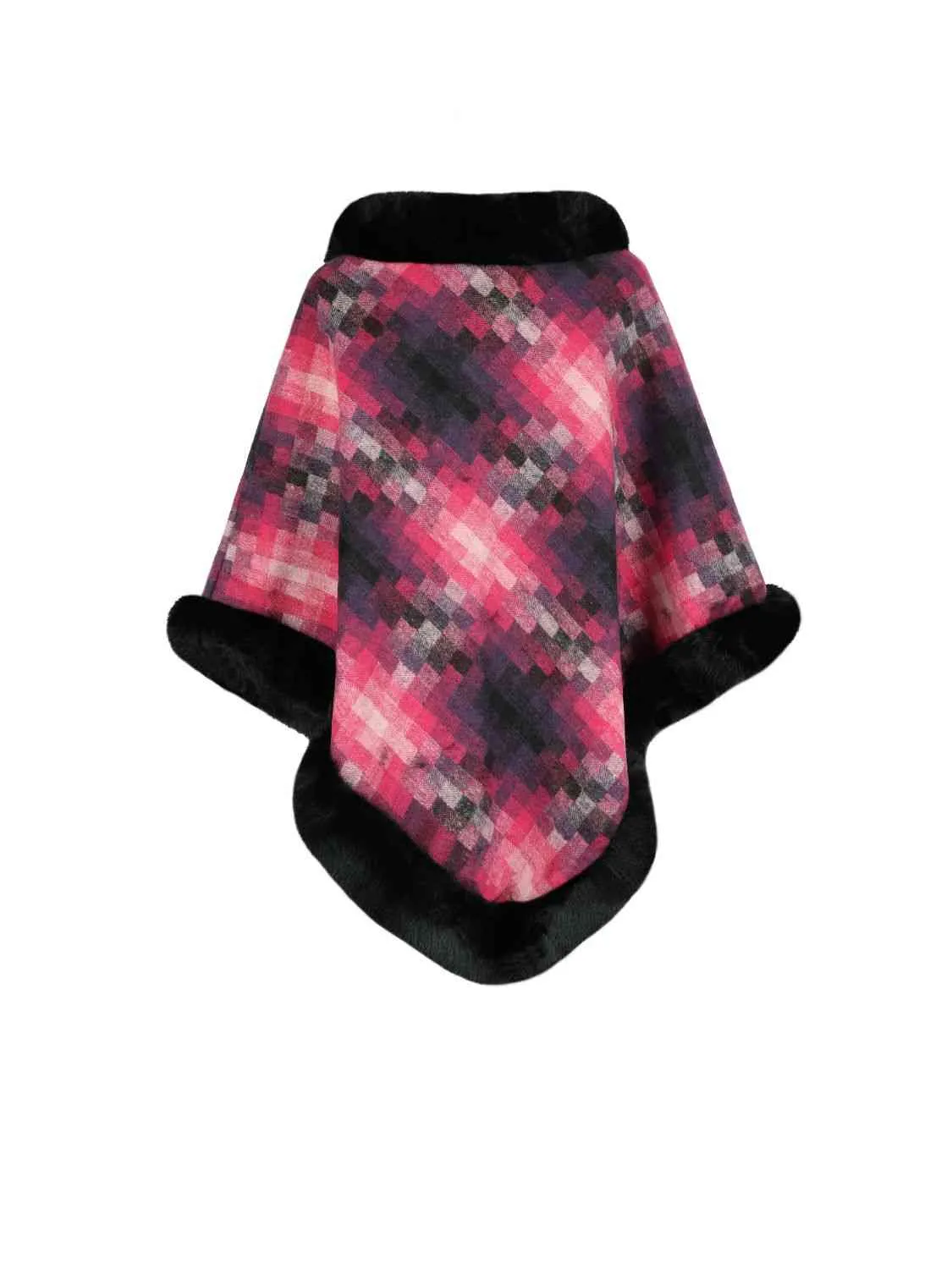 Faux Plush Fur Checker Ombre Glitch Oversized Pullover Sweater Jacket Poncho