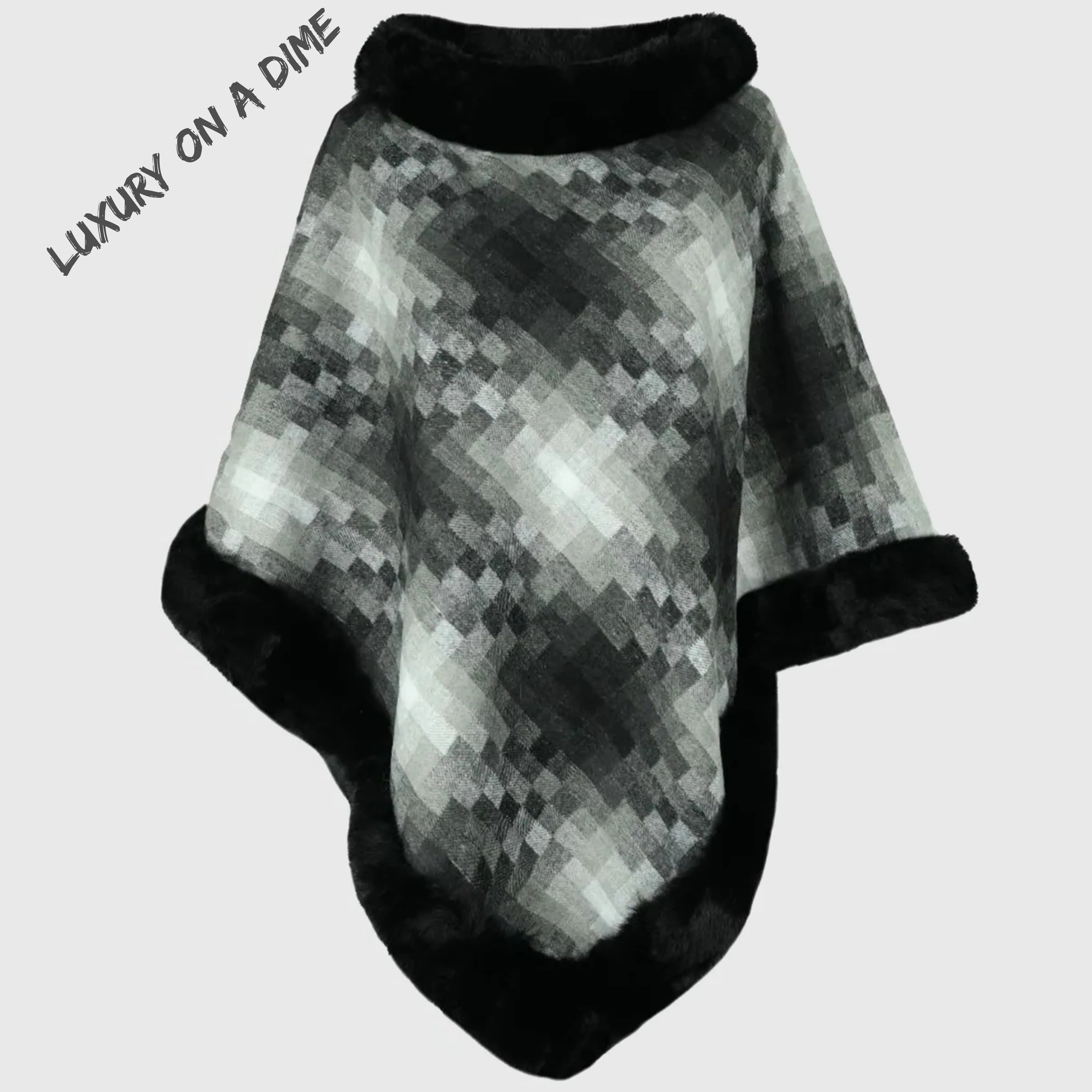 Faux Plush Fur Checker Ombre Glitch Oversized Pullover Sweater Jacket Poncho