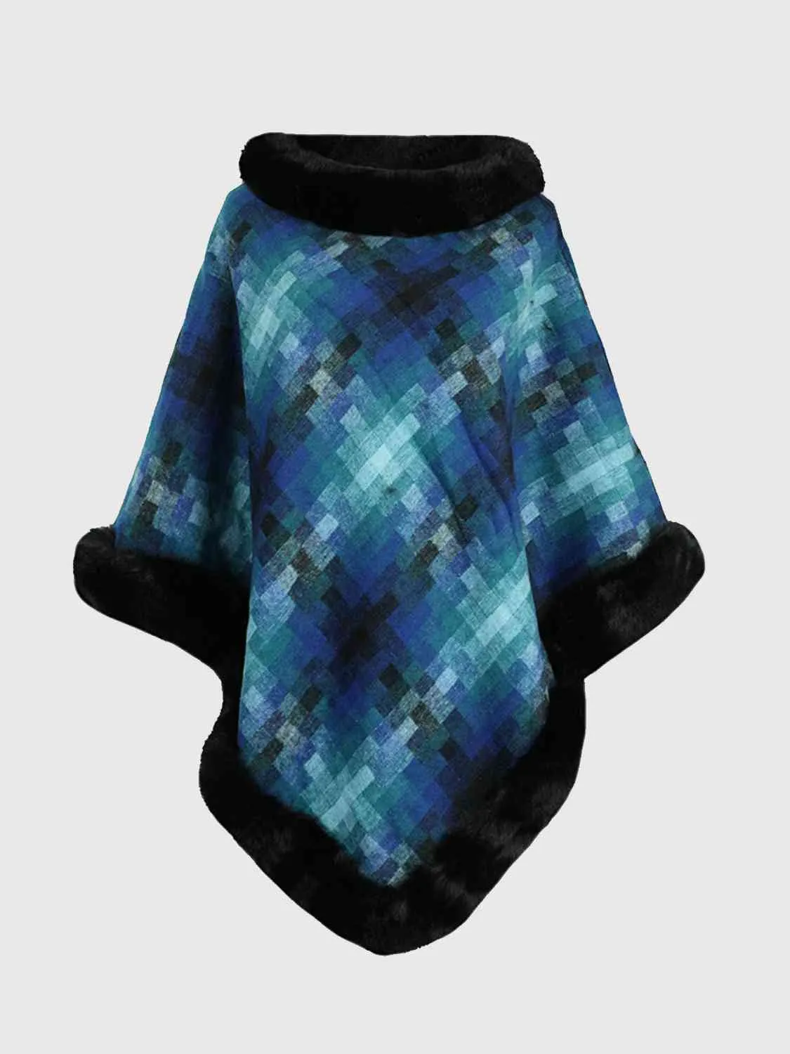 Faux Plush Fur Checker Ombre Glitch Oversized Pullover Sweater Jacket Poncho