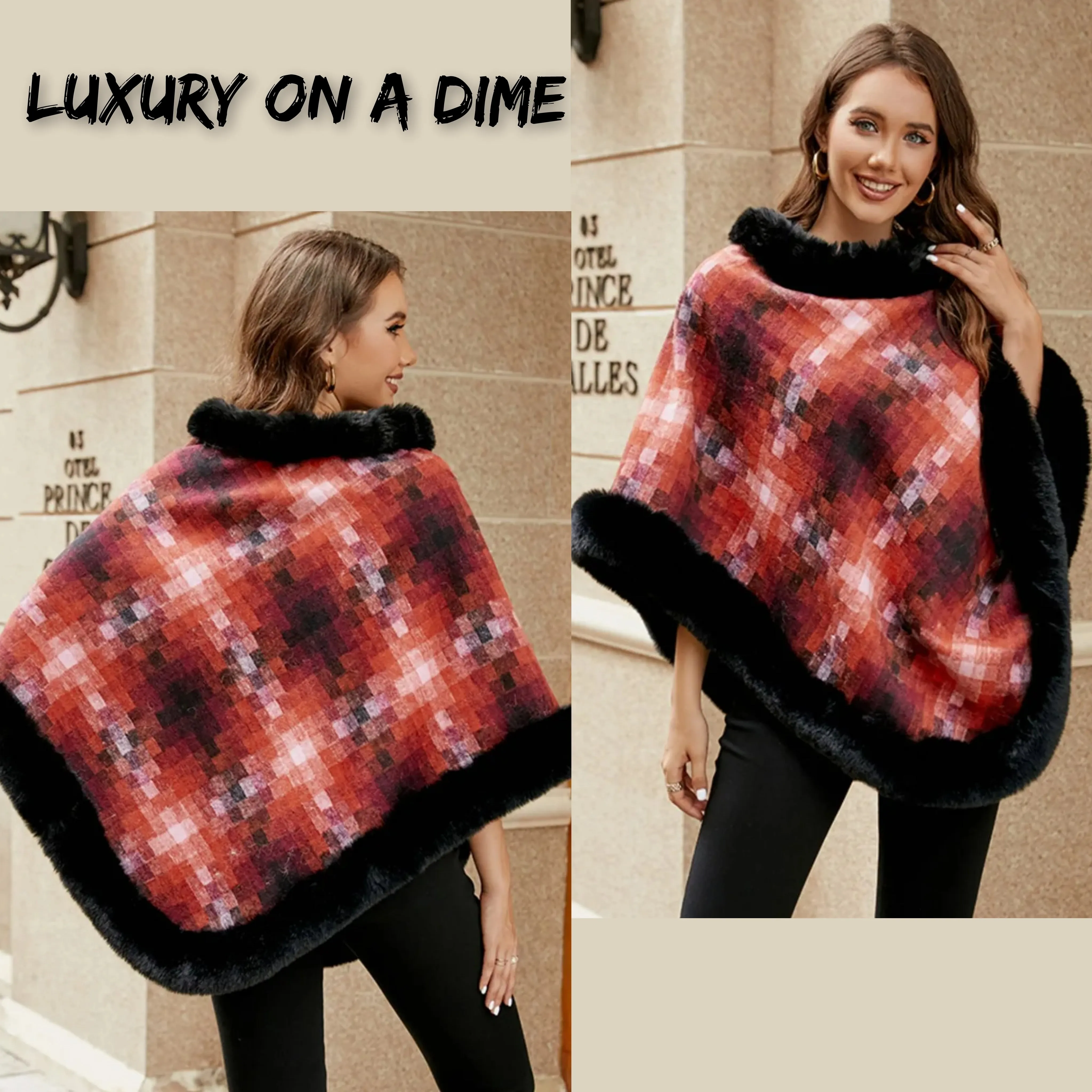 Faux Plush Fur Checker Ombre Glitch Oversized Pullover Sweater Jacket Poncho