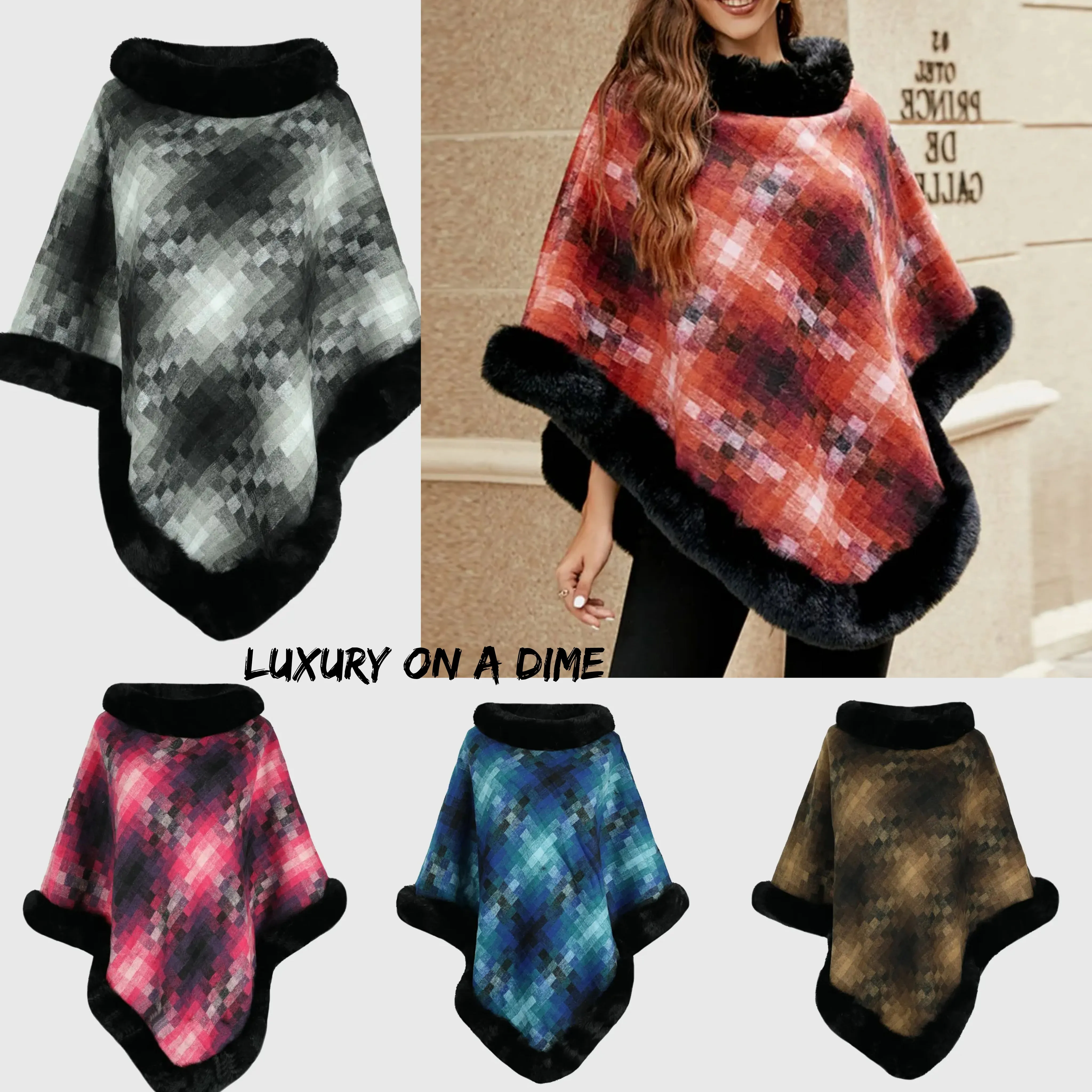 Faux Plush Fur Checker Ombre Glitch Oversized Pullover Sweater Jacket Poncho