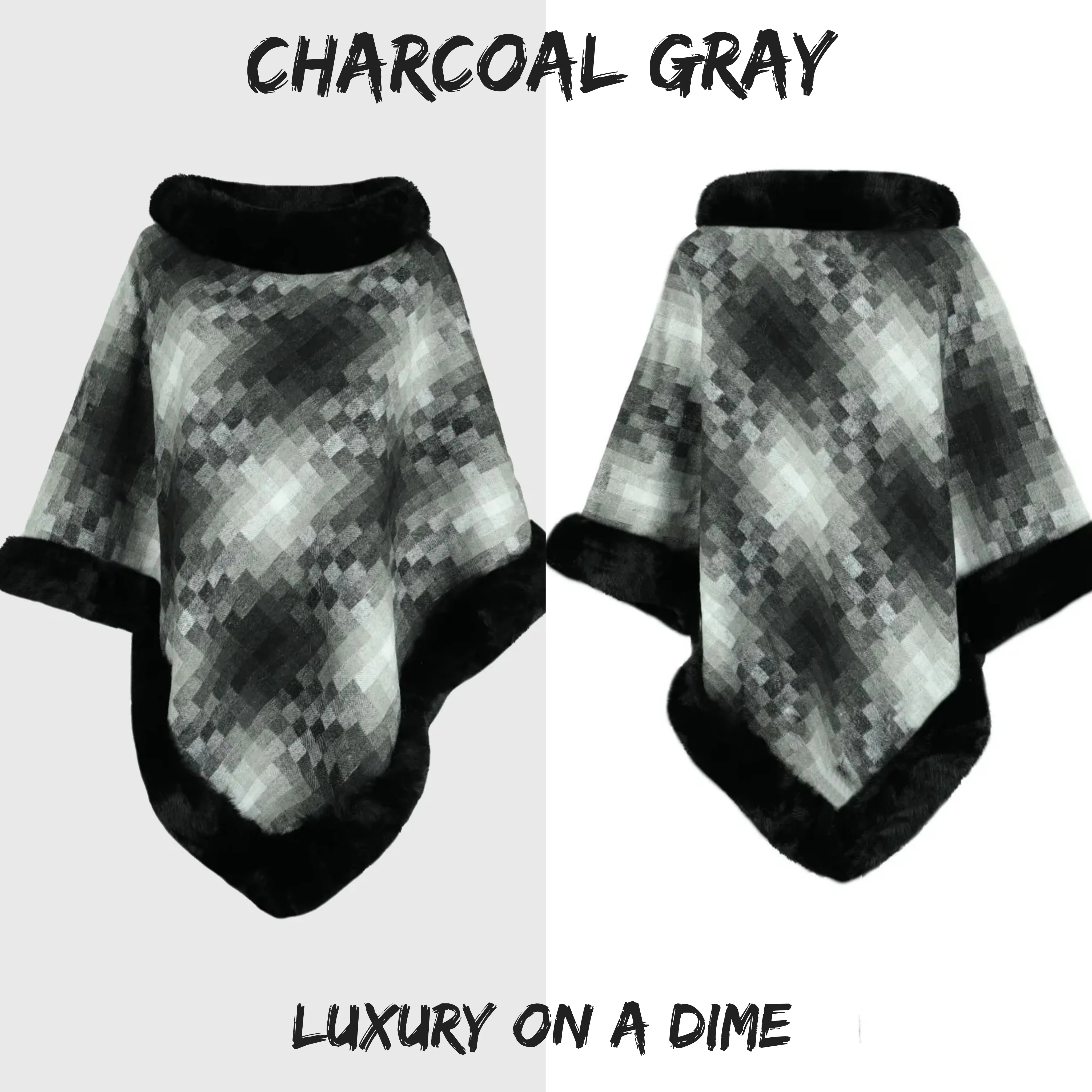 Faux Plush Fur Checker Ombre Glitch Oversized Pullover Sweater Jacket Poncho