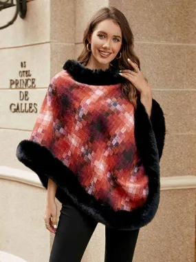 Faux Plush Fur Checker Ombre Glitch Oversized Pullover Sweater Jacket Poncho