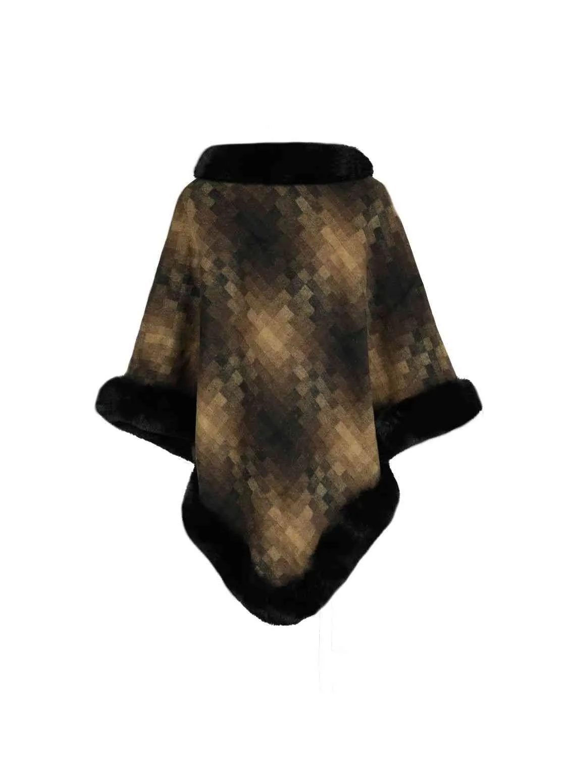 Faux Plush Fur Checker Ombre Glitch Oversized Pullover Sweater Jacket Poncho
