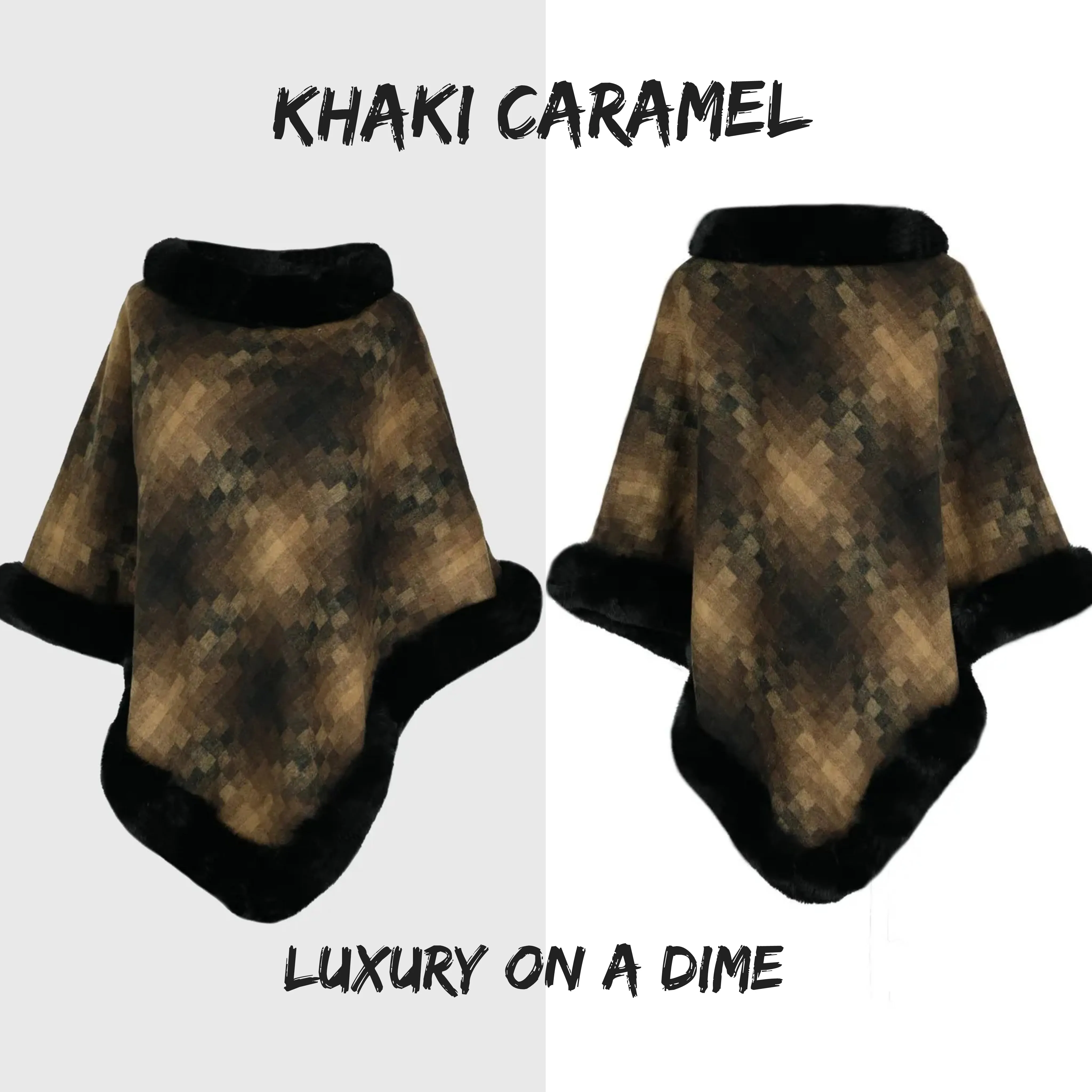 Faux Plush Fur Checker Ombre Glitch Oversized Pullover Sweater Jacket Poncho