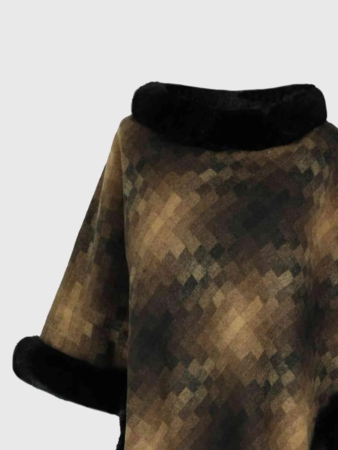 Faux Plush Fur Checker Ombre Glitch Oversized Pullover Sweater Jacket Poncho