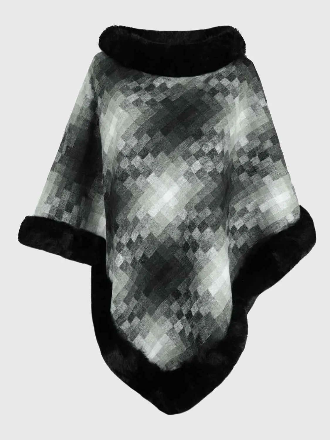 Faux Plush Fur Checker Ombre Glitch Oversized Pullover Sweater Jacket Poncho