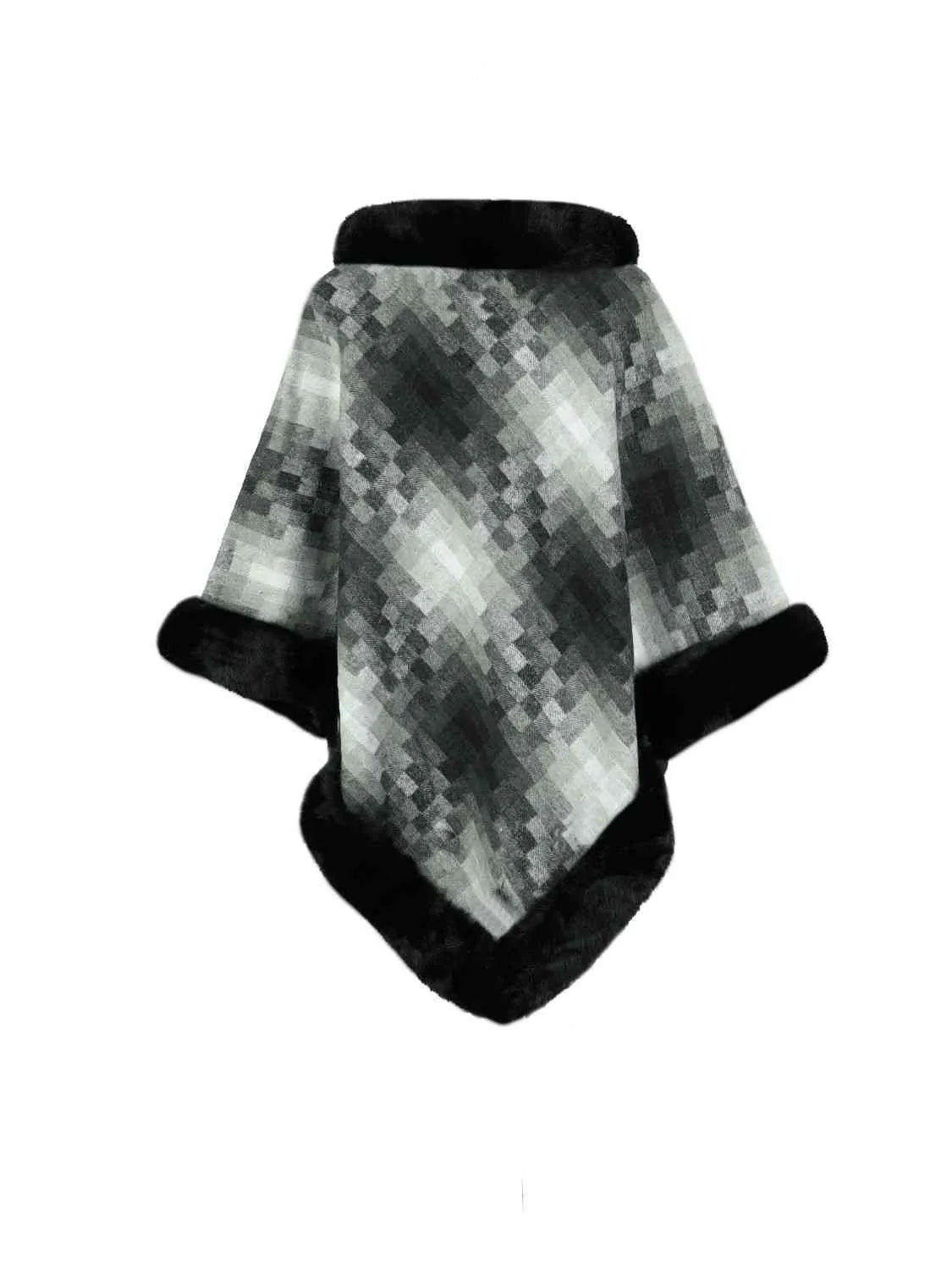 Faux Plush Fur Checker Ombre Glitch Oversized Pullover Sweater Jacket Poncho
