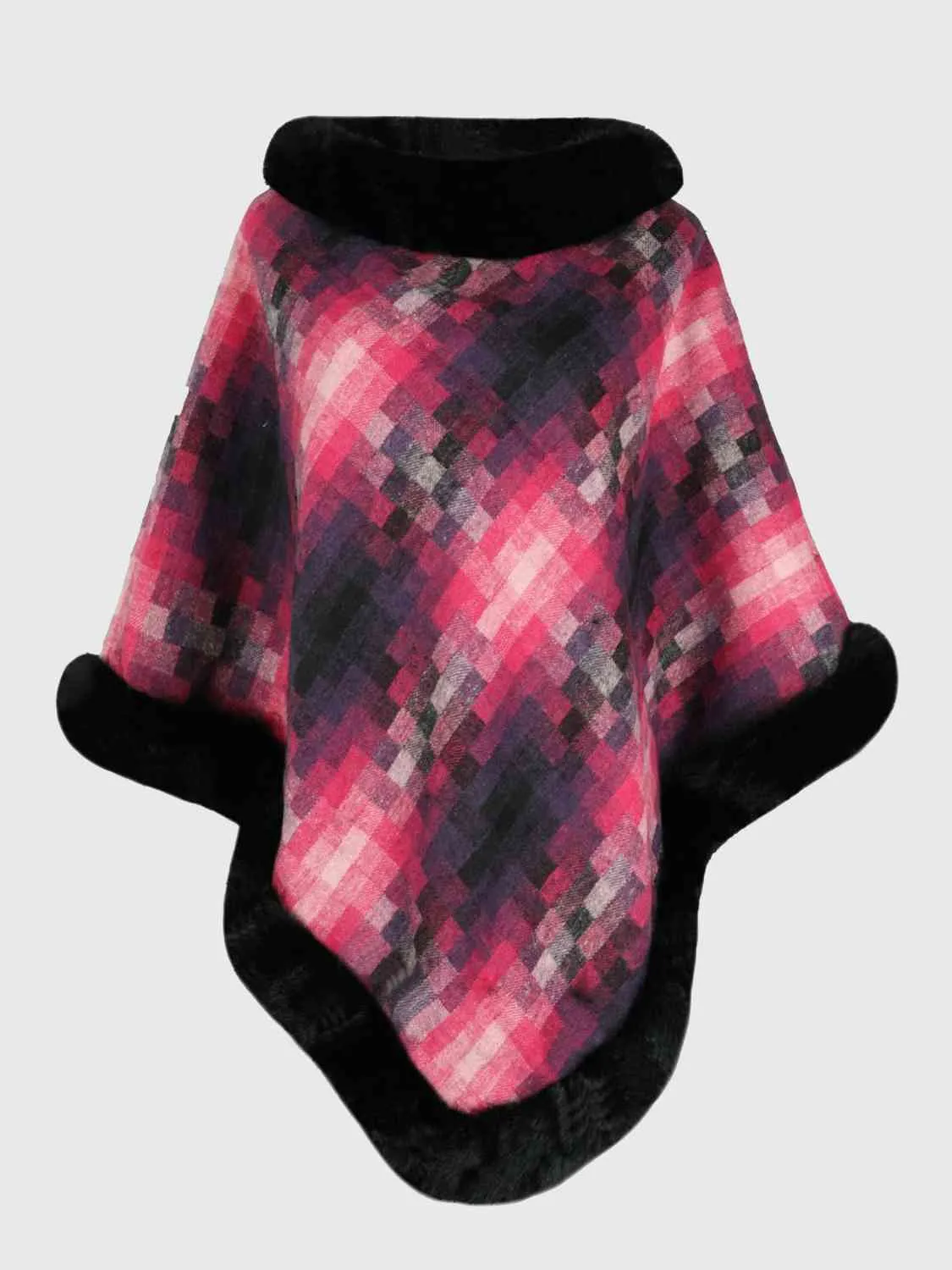 Faux Plush Fur Checker Ombre Glitch Oversized Pullover Sweater Jacket Poncho