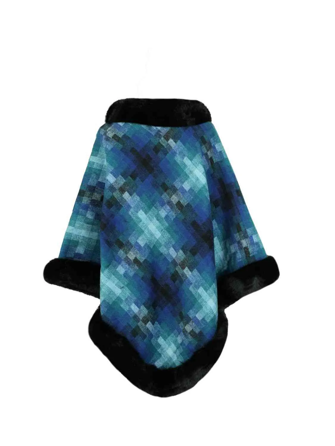 Faux Plush Fur Checker Ombre Glitch Oversized Pullover Sweater Jacket Poncho