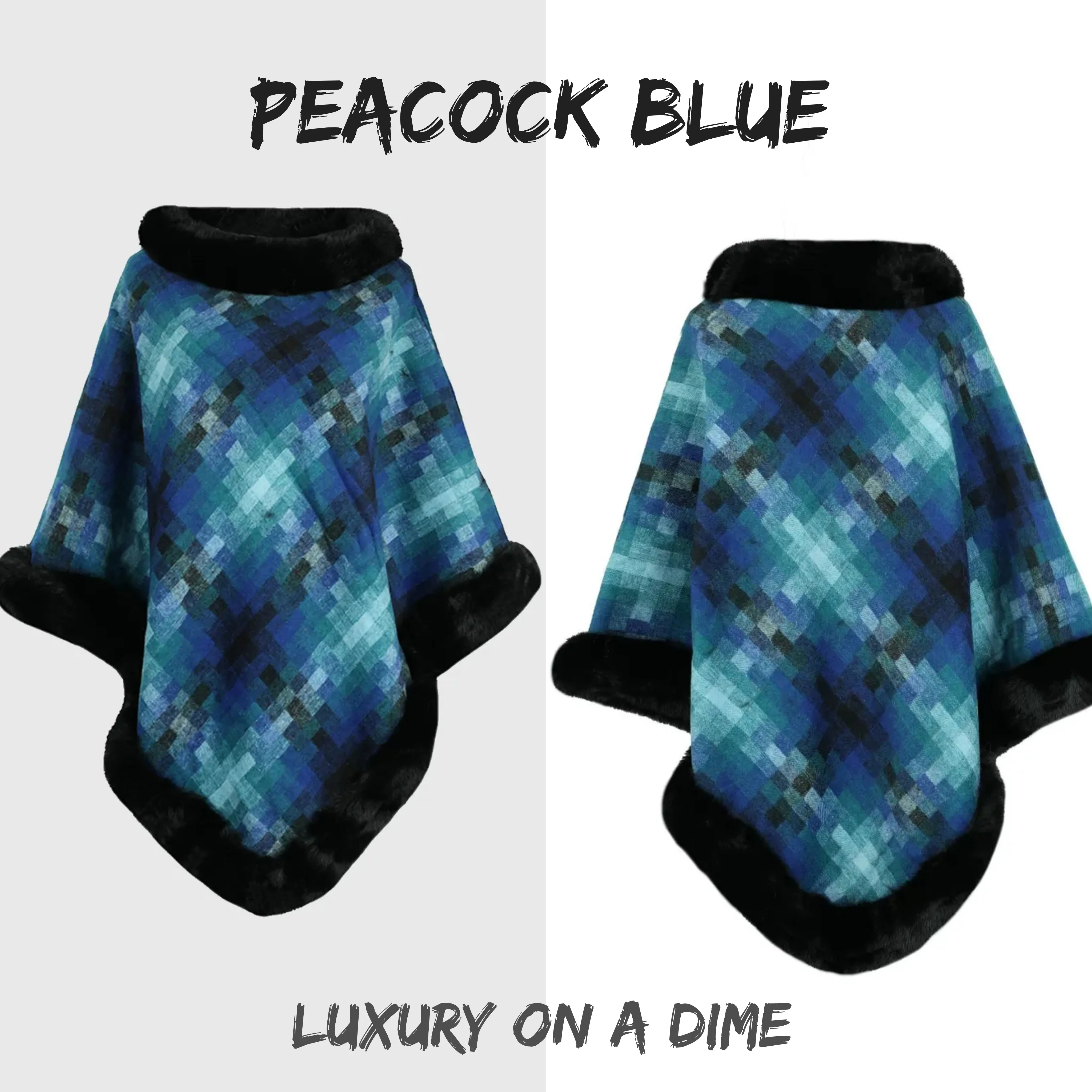 Faux Plush Fur Checker Ombre Glitch Oversized Pullover Sweater Jacket Poncho