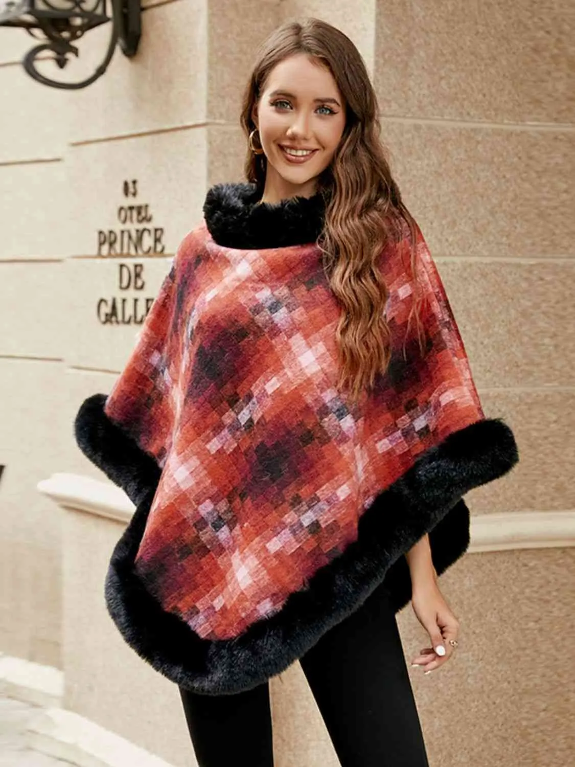 Faux Plush Fur Checker Ombre Glitch Oversized Pullover Sweater Jacket Poncho