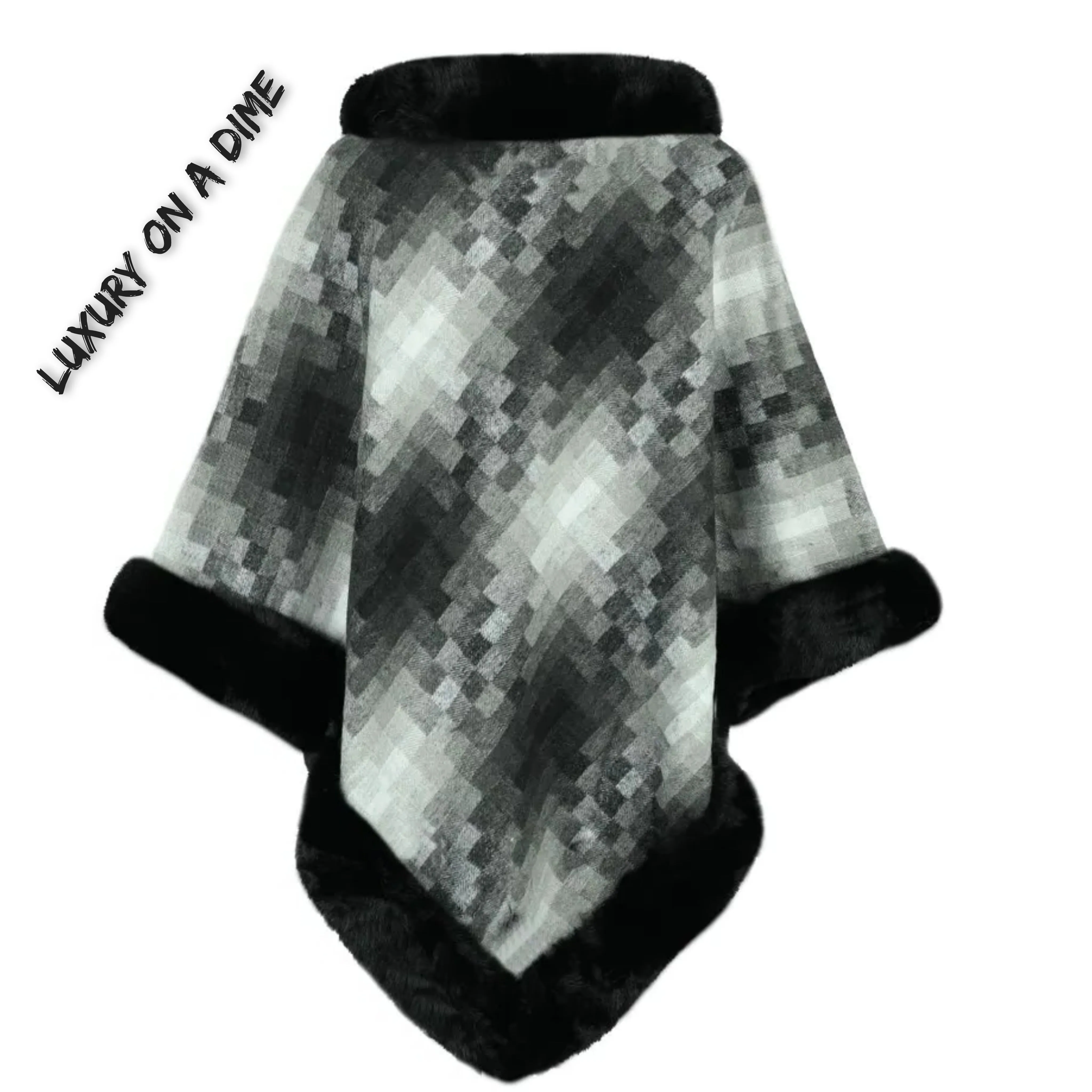 Faux Plush Fur Checker Ombre Glitch Oversized Pullover Sweater Jacket Poncho