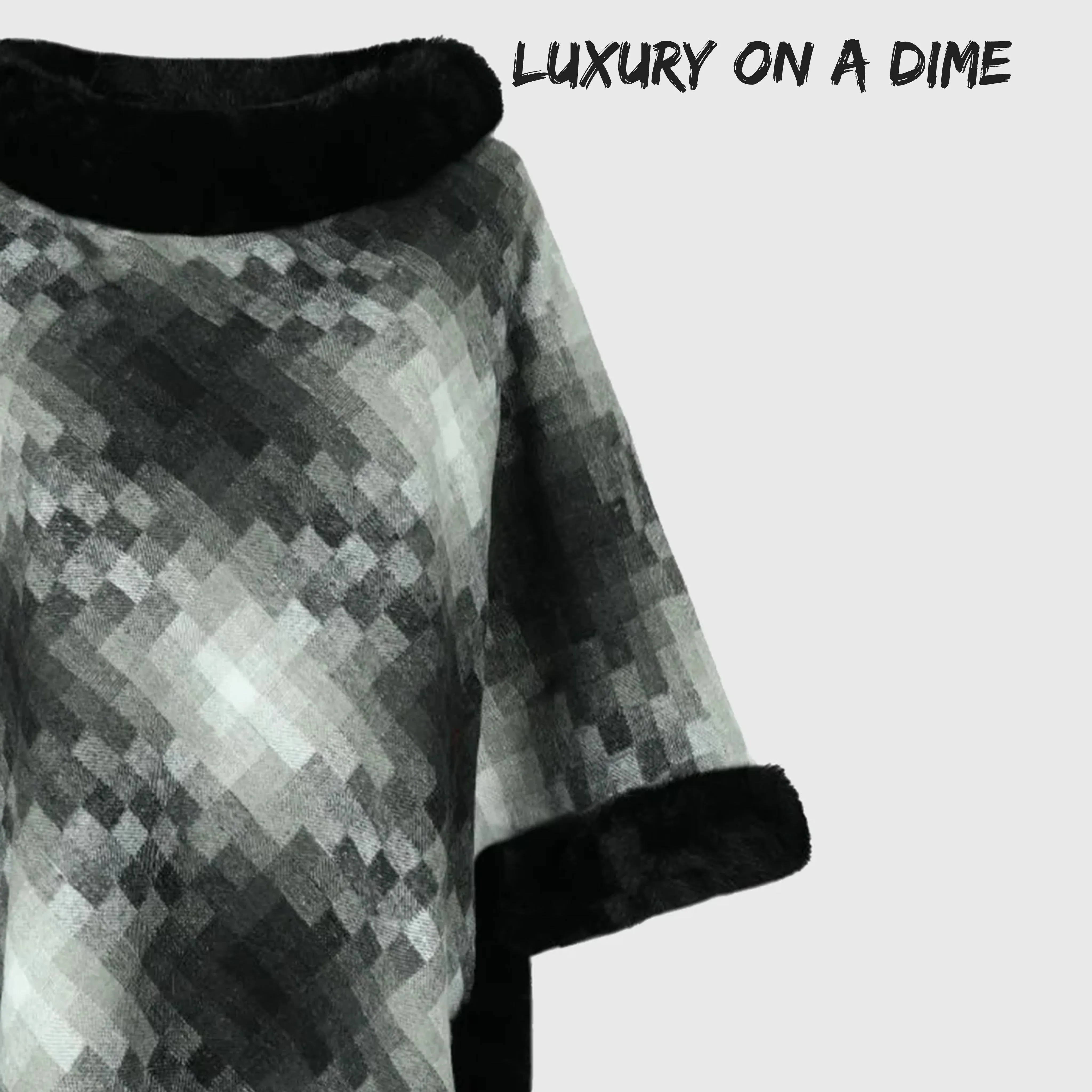 Faux Plush Fur Checker Ombre Glitch Oversized Pullover Sweater Jacket Poncho