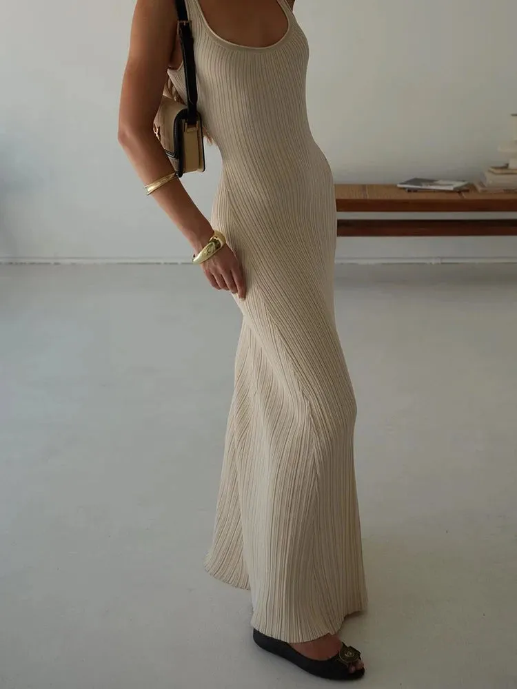 Girlary Summer Ribbed Knit Maxi Dress Women Slim Pullover Sleeveless Knitwear Fashion Long Dress Solid Basic Elegant Fashion