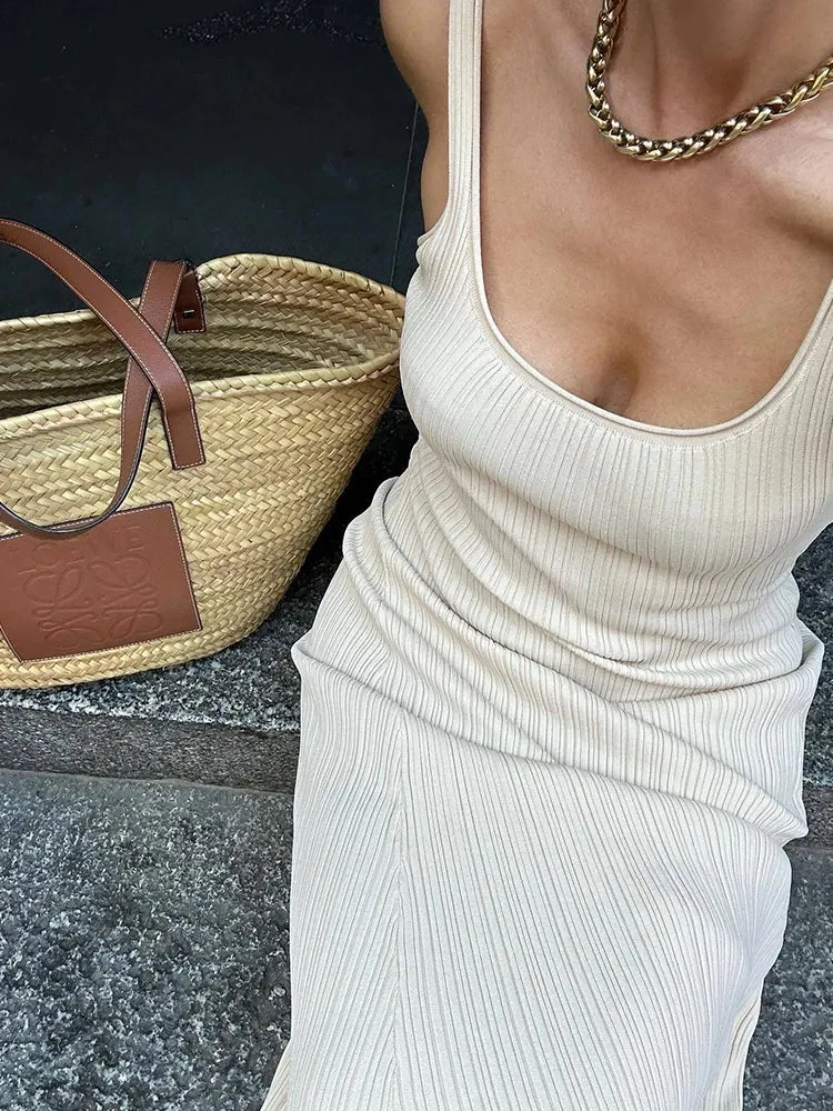 Girlary Summer Ribbed Knit Maxi Dress Women Slim Pullover Sleeveless Knitwear Fashion Long Dress Solid Basic Elegant Fashion