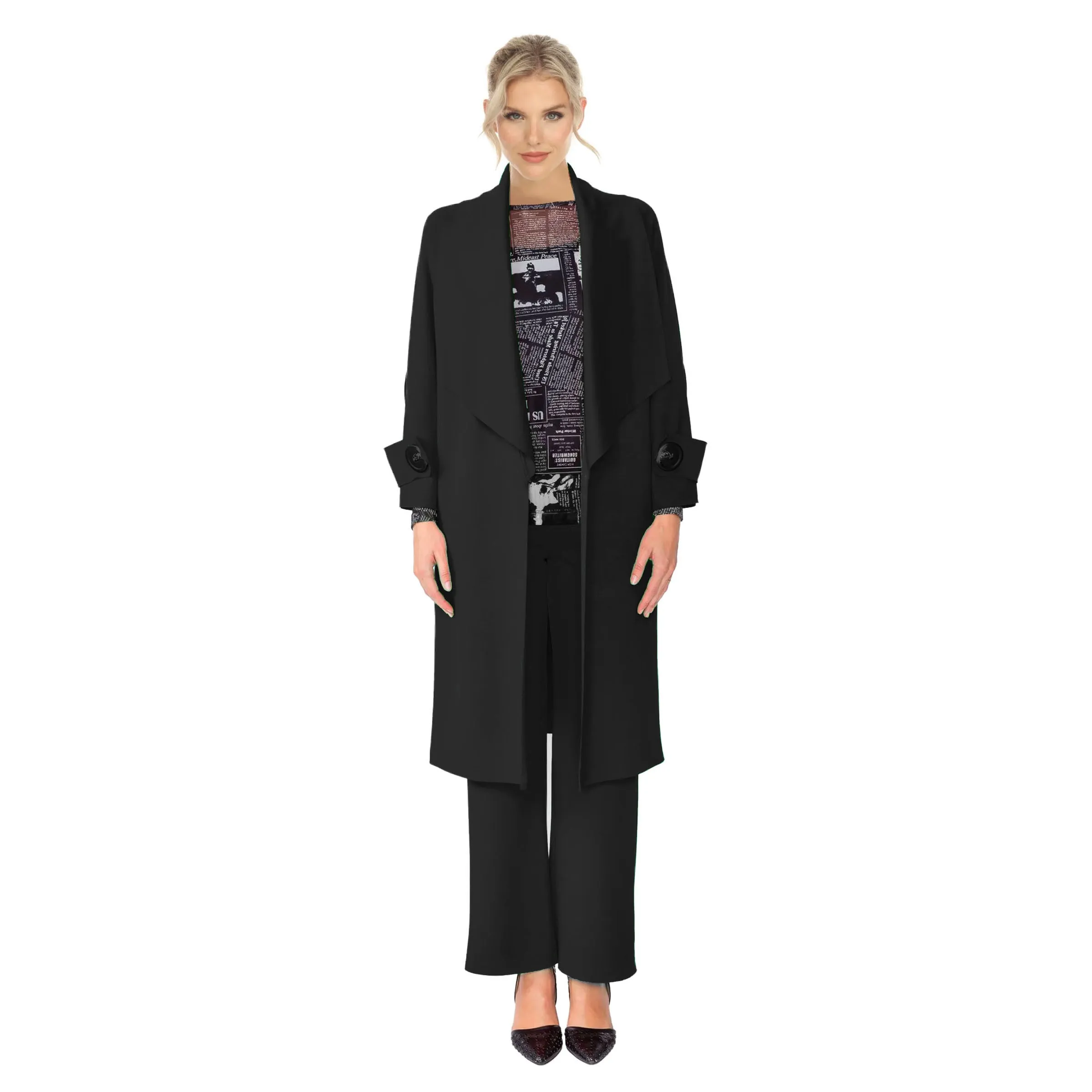 IC Collection Long Open Front Jacket in Black - 4585J-BLK