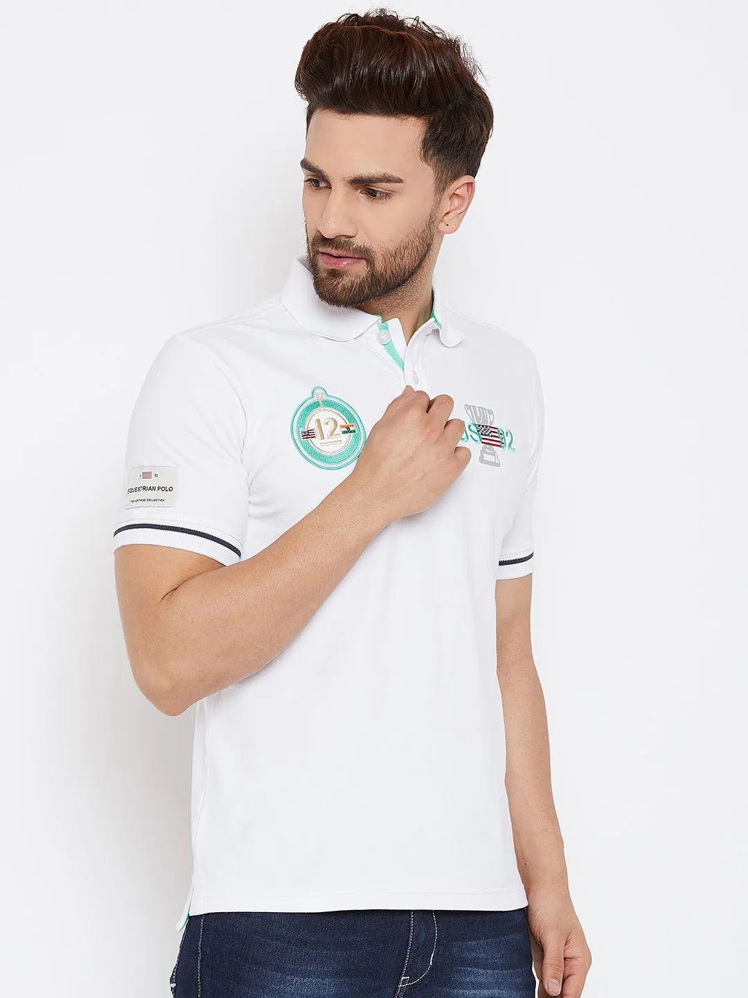 JUMP USA Men White Printed Polo Collar T-Shirt