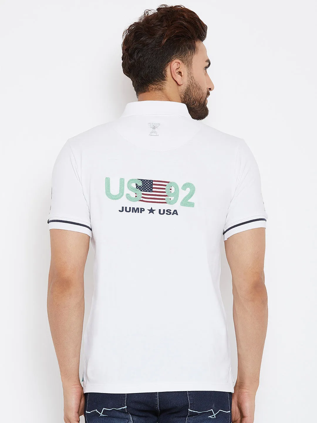 JUMP USA Men White Printed Polo Collar T-Shirt