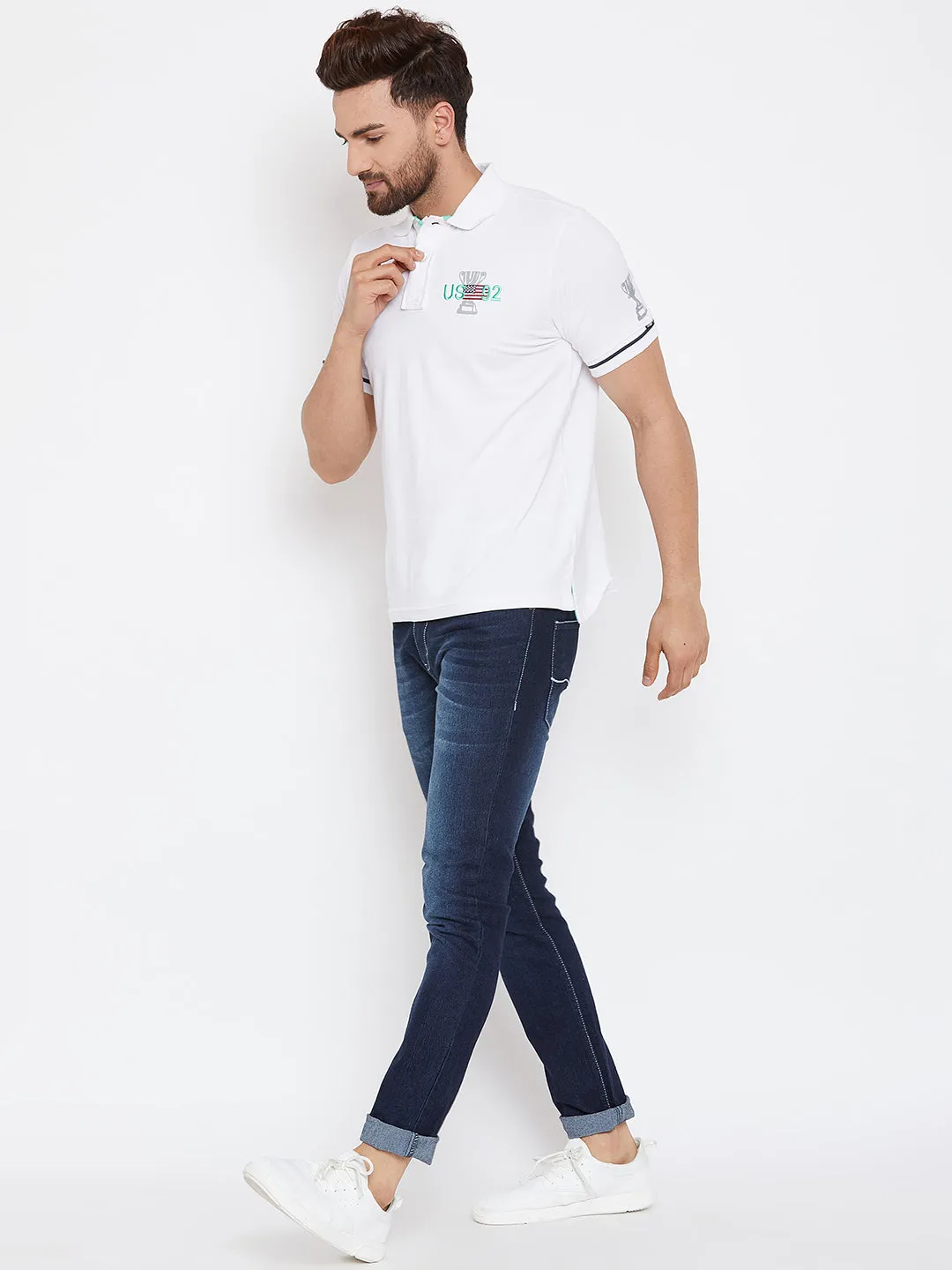 JUMP USA Men White Printed Polo Collar T-Shirt