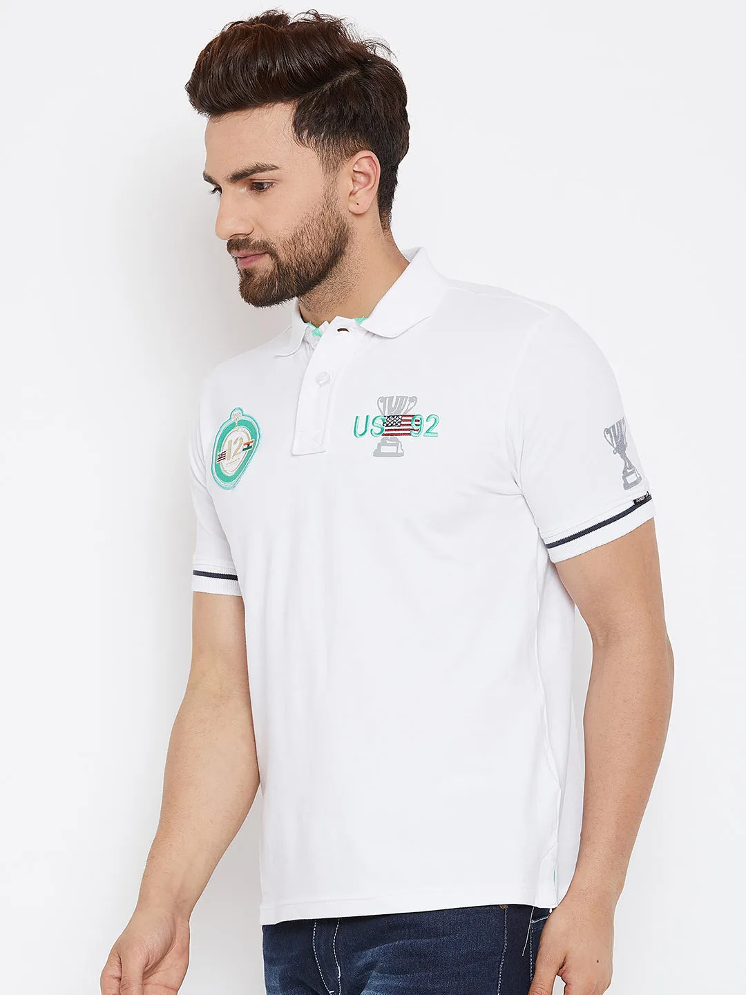 JUMP USA Men White Printed Polo Collar T-Shirt