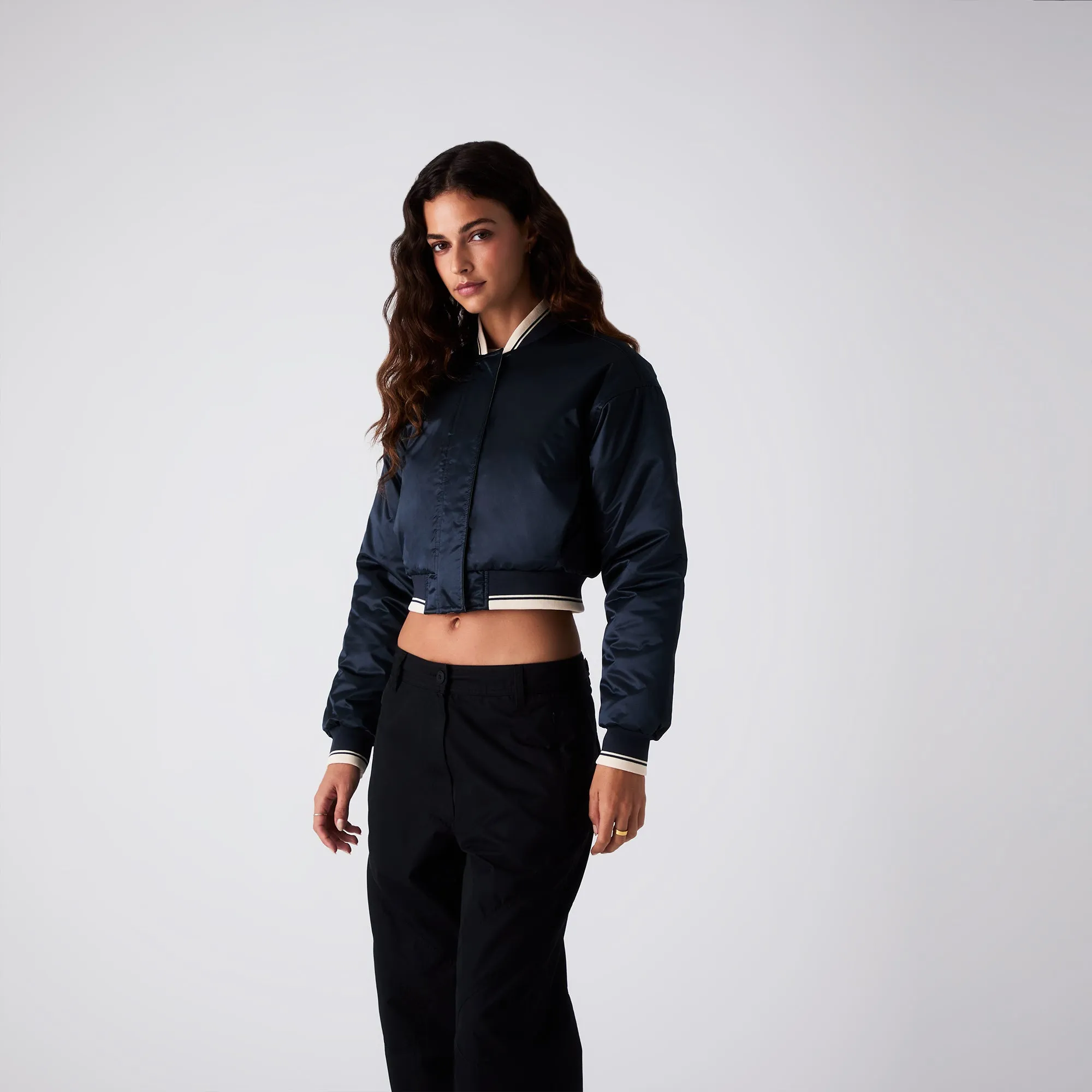 Kith Women Landry Cropped Satin Bomber - Nocturnal