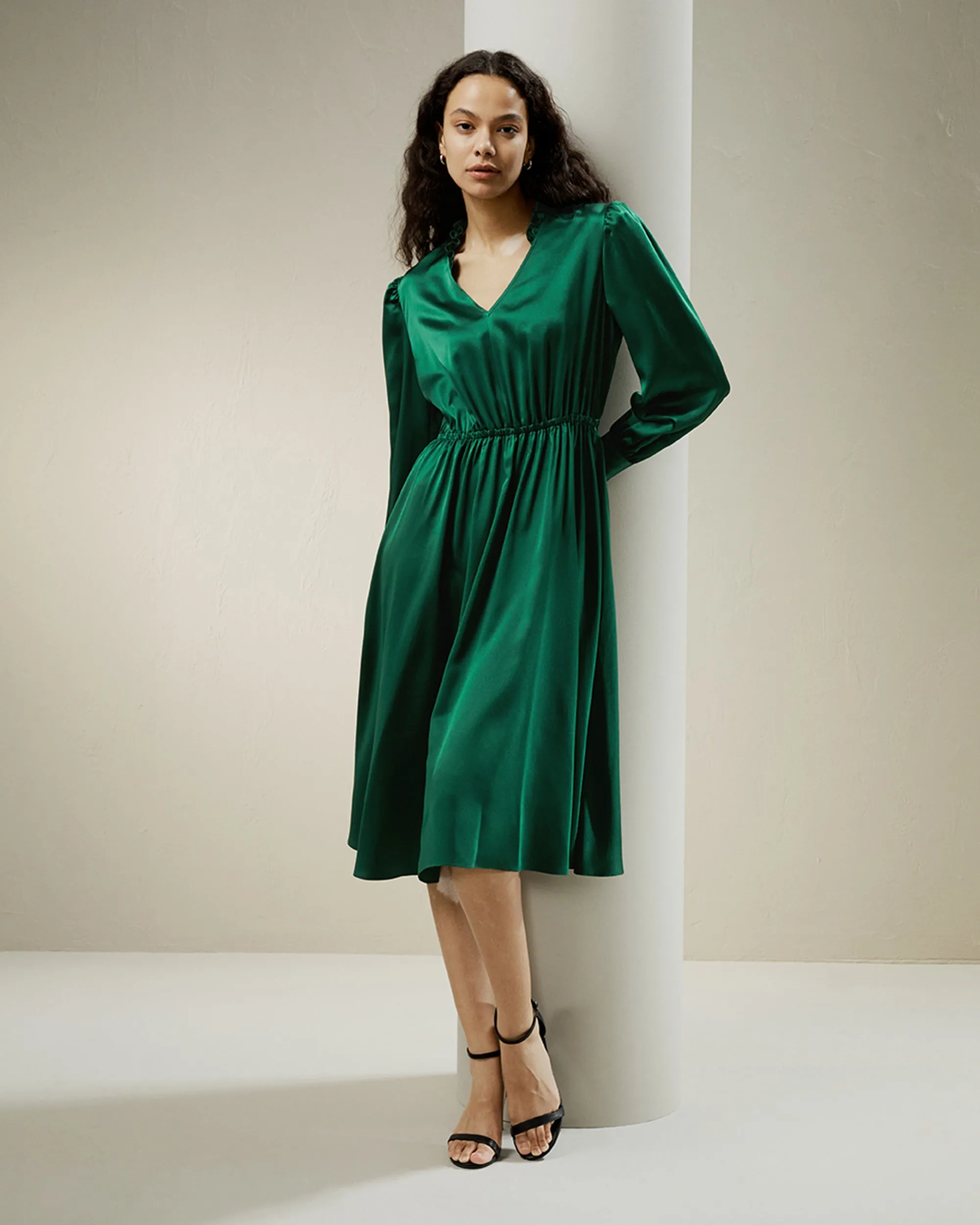 LILYSILK x CHARIS V Neck A line Midi Dress