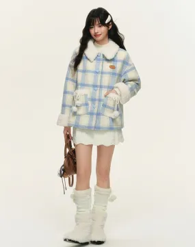 Lined quilted plaid jacket with fur collar and pocket design NTO0156