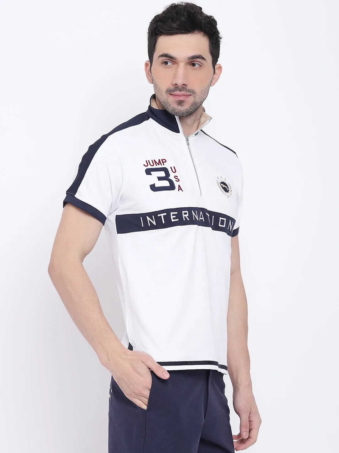 Men Casual Solid White Polo Collar T-Shirt