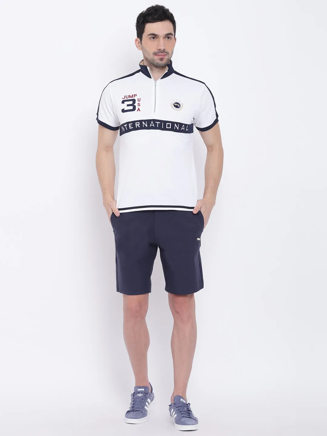 Men Casual Solid White Polo Collar T-Shirt