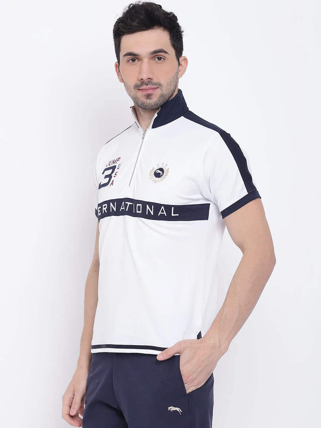 Men Casual Solid White Polo Collar T-Shirt