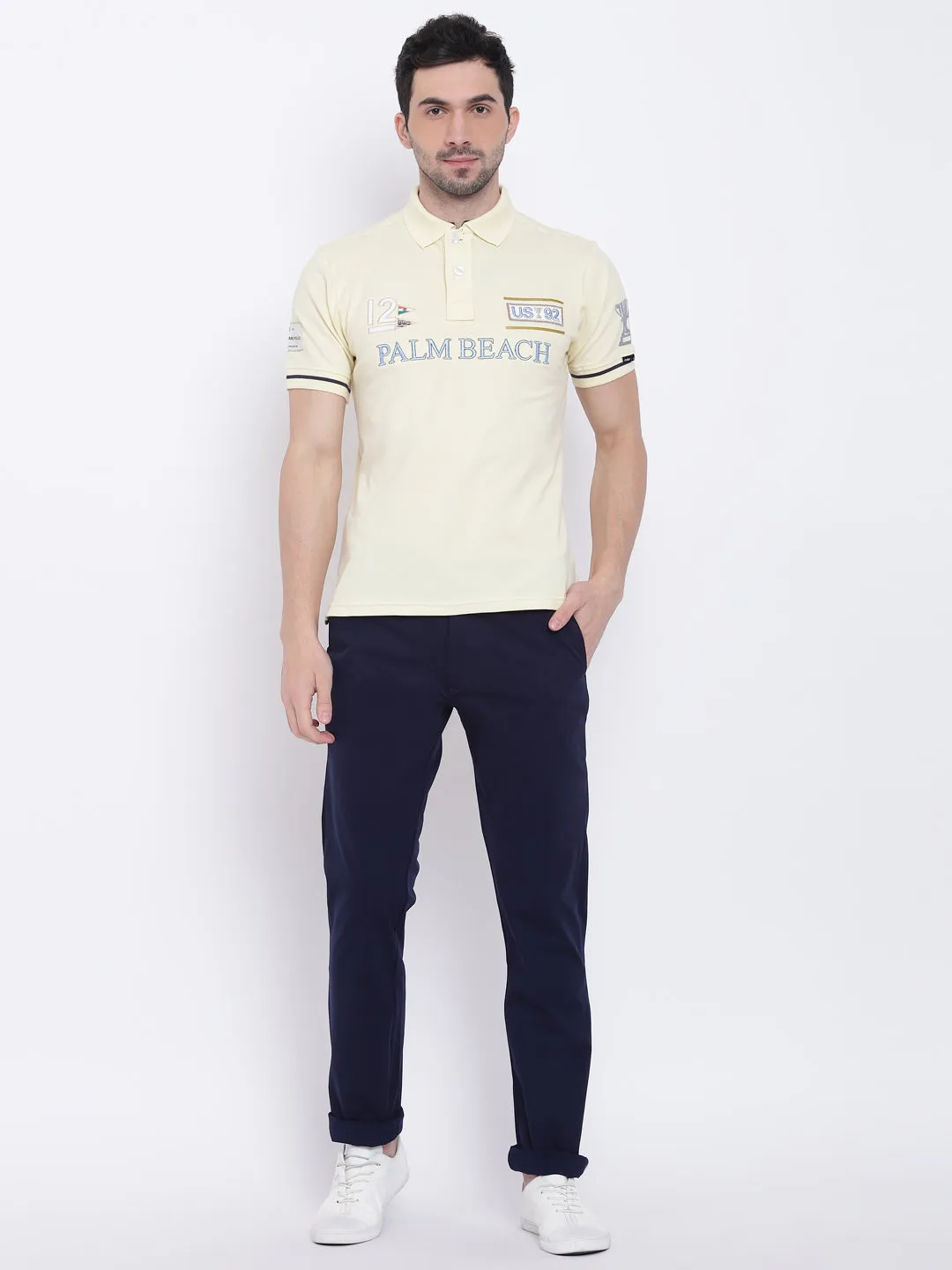 Men Casual Solid Yellow Polo Collar T-Shirt