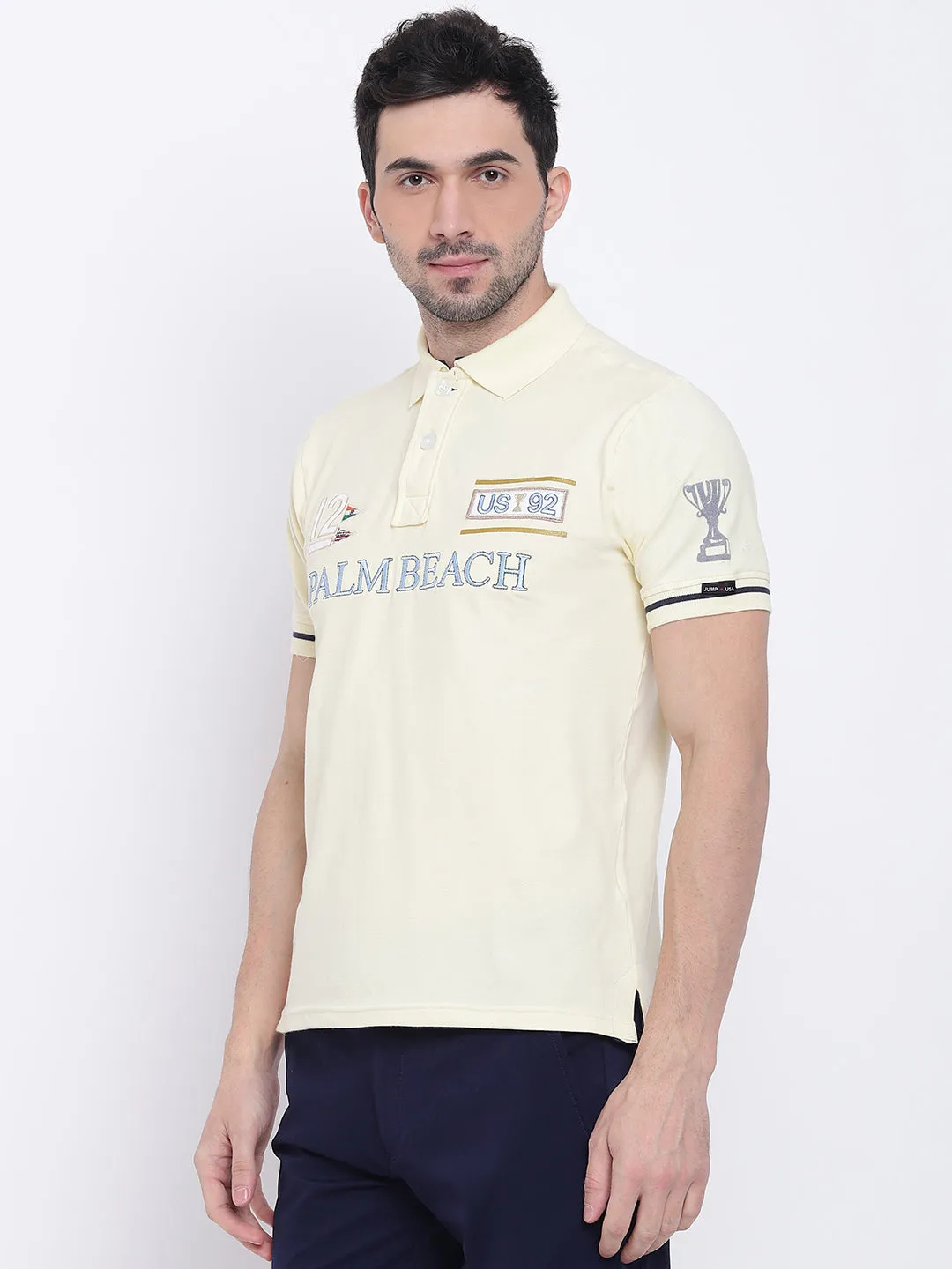 Men Casual Solid Yellow Polo Collar T-Shirt