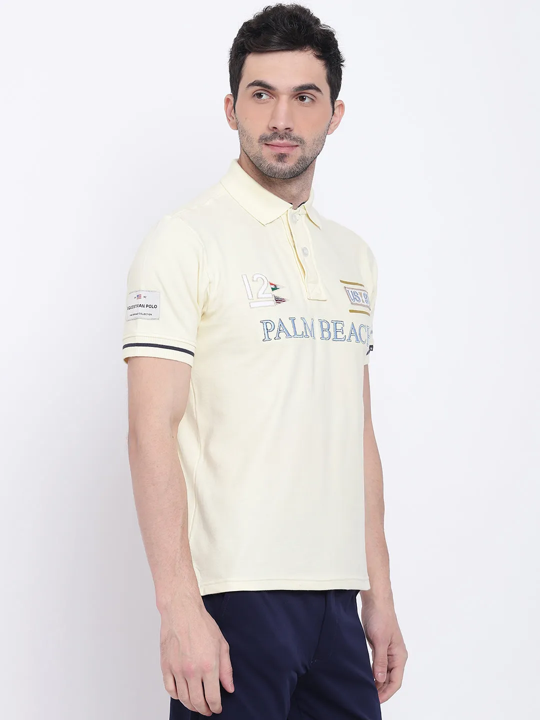 Men Casual Solid Yellow Polo Collar T-Shirt